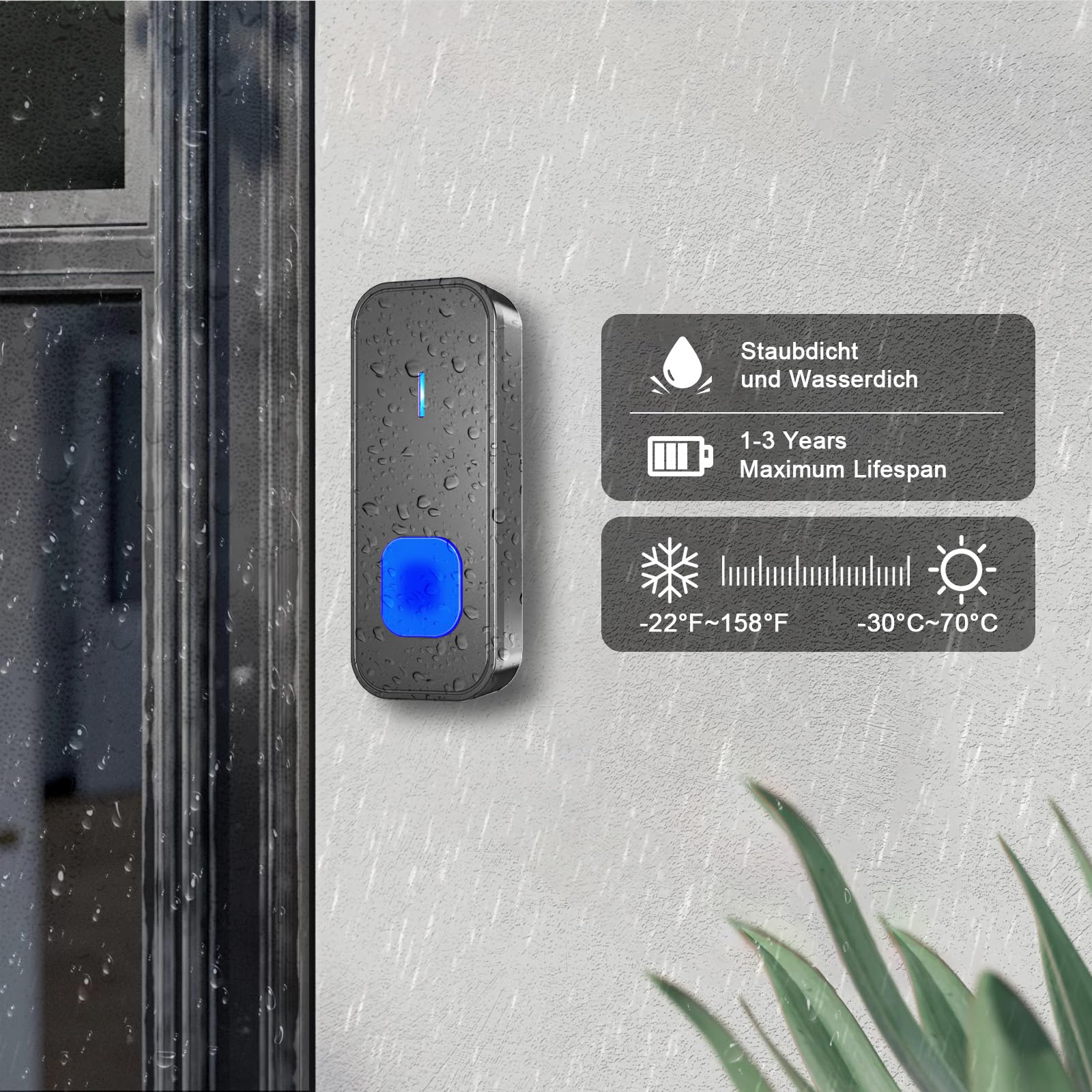 SURFOU Bezprzewodowy dzwonek do drzwi z odbiornikiem plug-in, zasięg 400 m, wodoszczelny, 55 dźwięków dzwonków, 5 głośności, migające diody LED, czarny