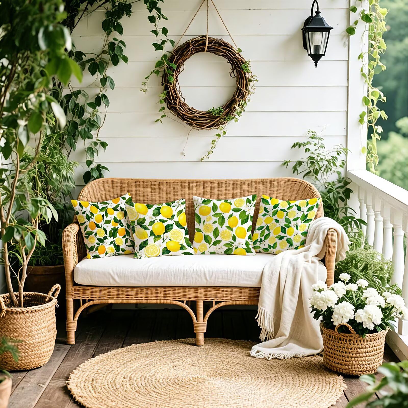 Giallo Federe Cuscini Divano 50x50cm, Cuscini da Esterno Set de 4, Cod-143 | Velour Copricuscini Decorativi Letto Arredo, per Letto, Soggiorno, Giardino, Esterno, Casa Decorazione Set di 4 Pianta