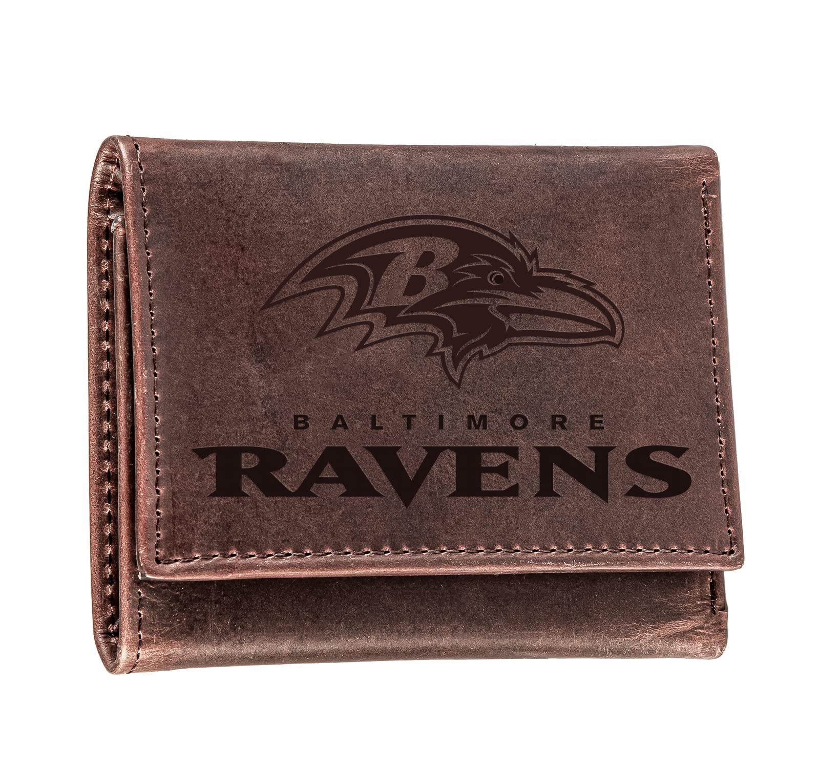 Team Sports America NFL Baltimore Ravens Brown Wallet | Tri-Fold | Officially Licensed Stamped Logo | Made of Leather | Money and Card Organizer | Gift Box Included