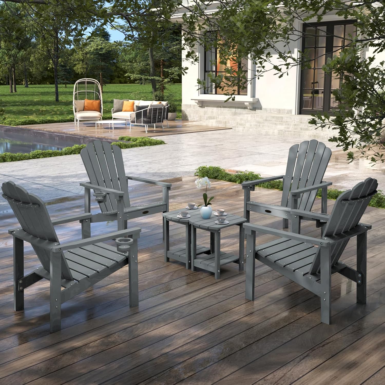 THOEOE Stackable Adirondack Chair, HDPE All-Weather Adirondack Chairs - Durable and Space Saving, Plastic Outdoor Fire Pit Chairs with Cup Holder,Grey