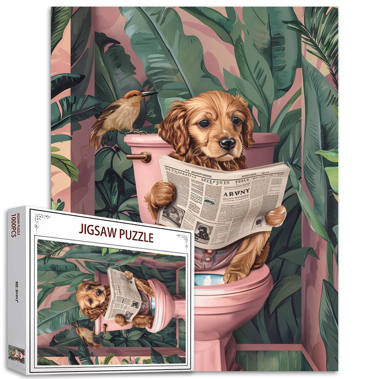 Tucocoo Puppy on Toilet Puzzle, 1000 Pieces, Tropical Plant, Bathroom, Art Puzzle for Challenging Family Activities