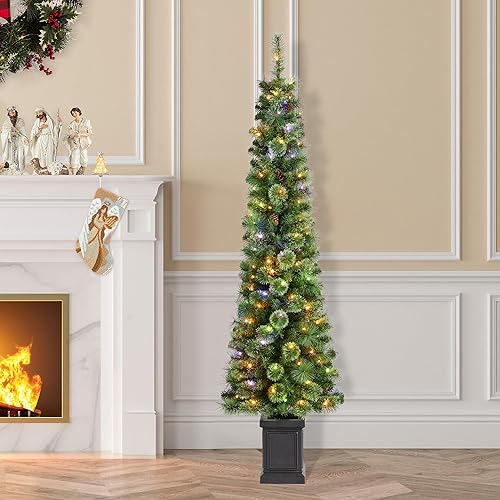 Vista 198 de Glitzhome Prelit Christmas Tree, 6ft Flocked Artificial Christmas Tree Serene Snowscape Fir with 300 Warm White Lights for Home, Office, Party