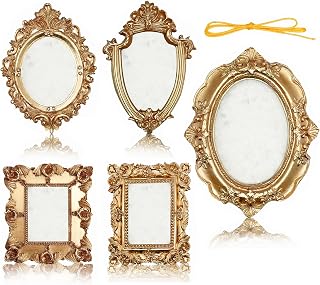 5Pcs Mini Picture Frames With Back Small Gold Vintage Picture Frames With Hooks And Rope Baroque Resin Decor For Wedding & Home Gift For Friends And Family (Vintage Gold)
