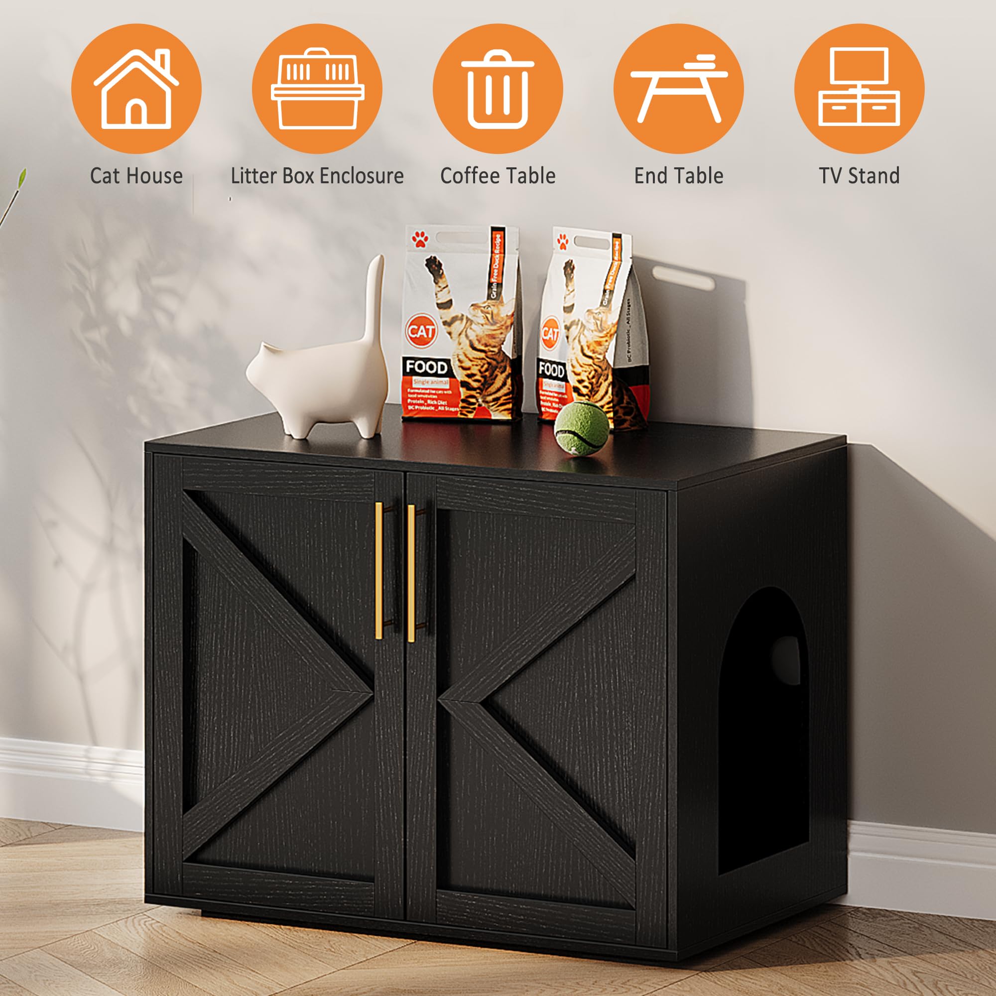 Katzenklo Schrank, Katzenhaus aus Holz mit Scheunentor, Verstecktes Katzenklo, Geräumig & Belüftet Höhlen Möbel für die Meisten Katzentoiletten,65 x 45 x 57 cm,Schwarz