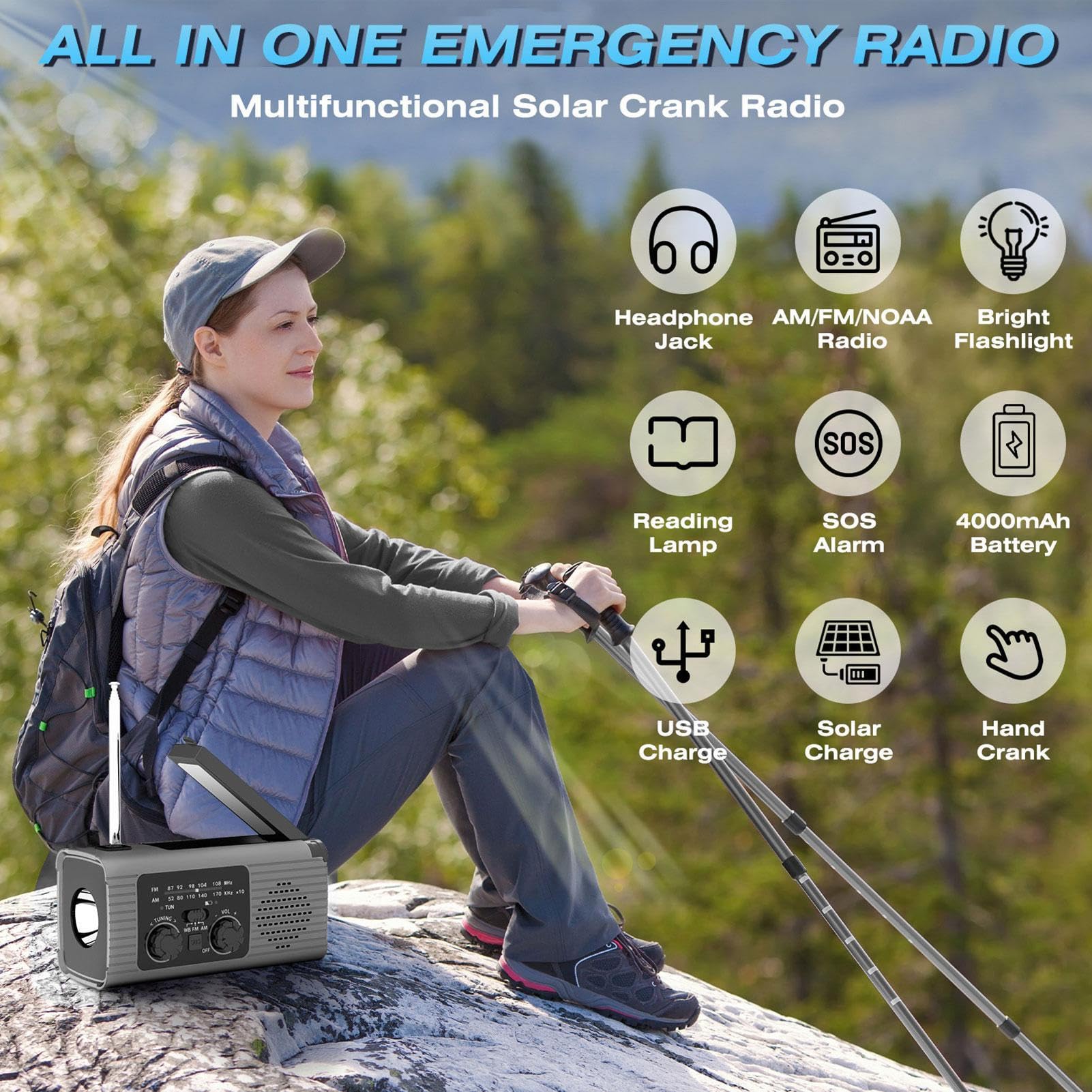 Am/FM/NOAA Emergencys Radio con Solar Recargable Radio De Dinamo, Linterna LED, Alarma SOS Y Dinamo De Manivela, Equipo De Emergencia para Camping para Viajes Largos Viajes por Carretera
