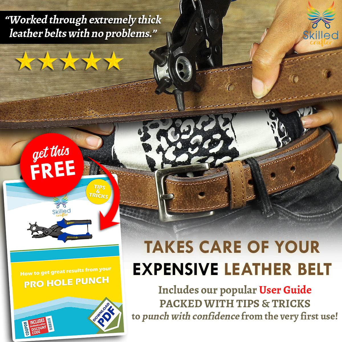 Leather Hole Punch Tool for Belt - Multi Hole Sizes Puncher for Belts, Watch Bands, Straps, Dog Collars, Saddles, Shoes, Fabric, DIY Home or Craft Projects - with 5/32 Grommet Eyelet
