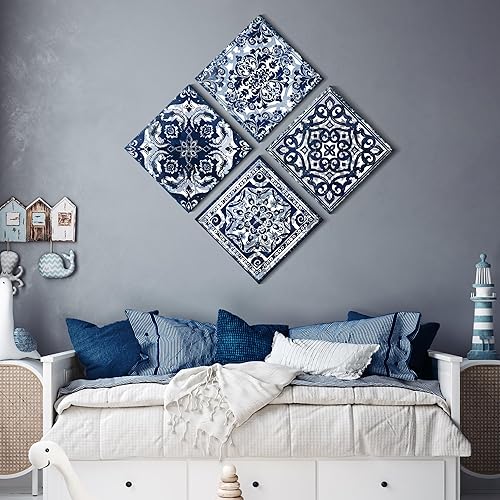 Miniatura 4 de Mofutinpo - Decoración de dormitorio, lienzo índigo estampado de flores para colgar en pared, impresiones de cuadros abstractos modernos en azul