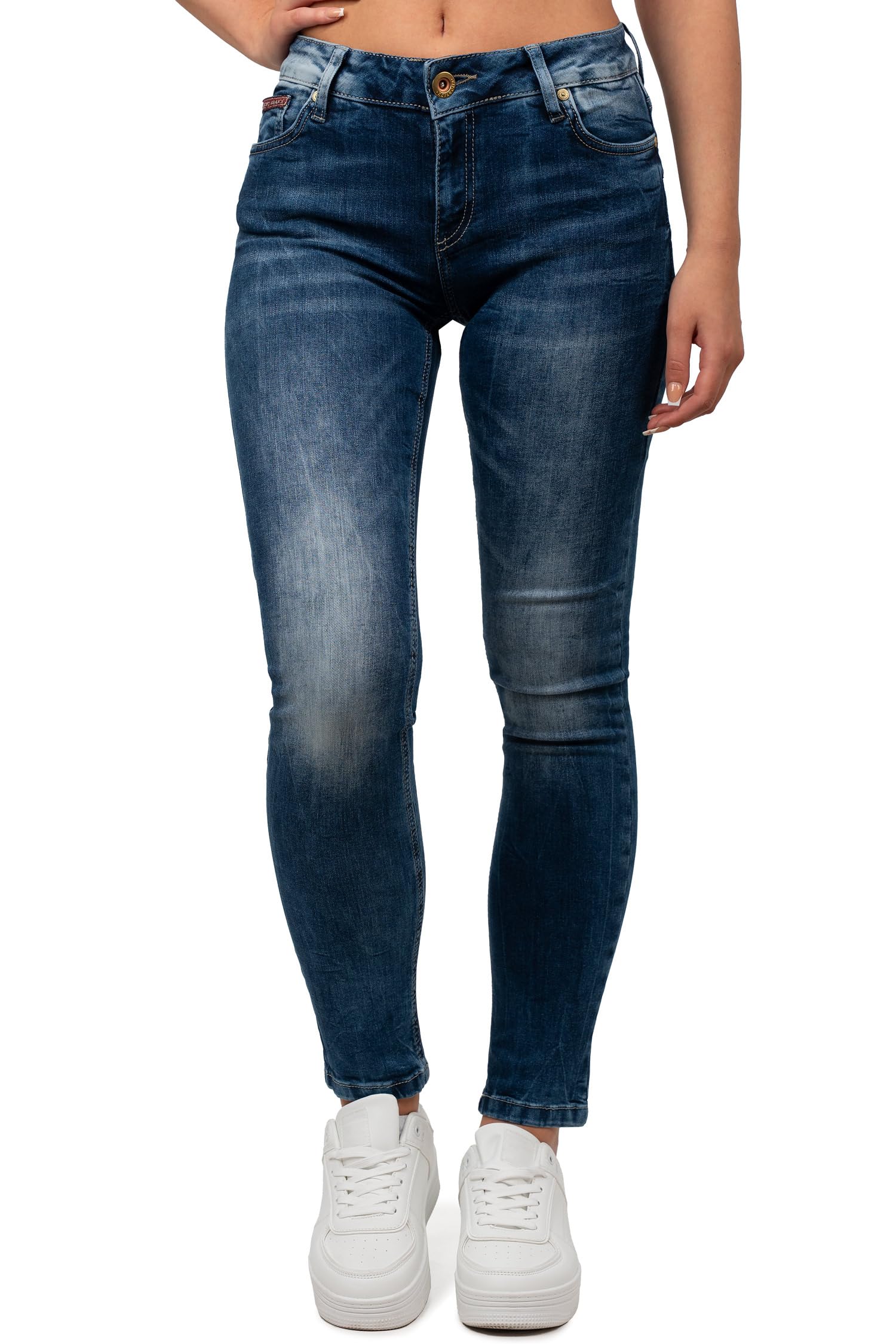 Cipo & Baxx Vaqueros Mujer Slim Fit Elásticos Desgastados Azul Negro | Costuras en contraste, múltiples bolsillos, tejido denim flexible, cierre con botón, estilo urbano, paseo, ocio y día a día