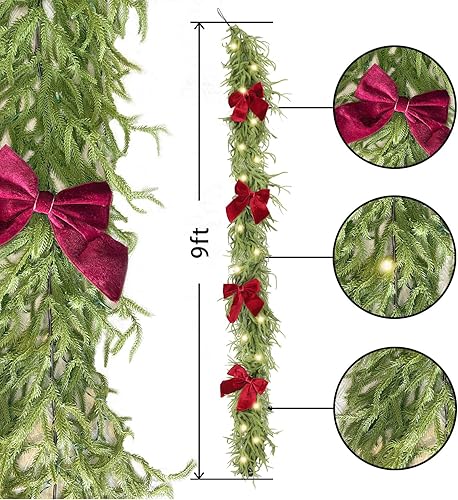 Miniatura 2 de Guirnalda de Navidad de 9 pies con luces, guirnalda de pino Norfolk iluminada para manto, guirnalda de invierno de Navidad verde artificial