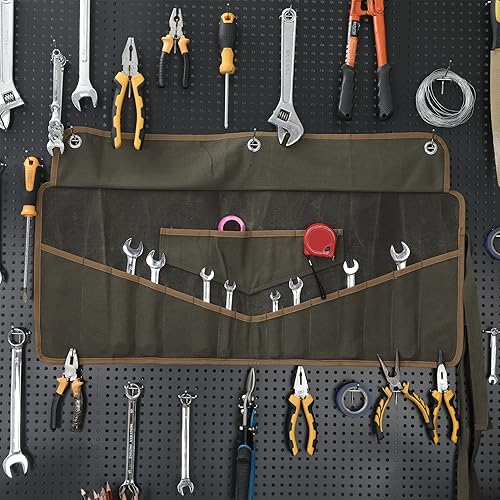 Miniatura 6 de Rollo de herramientas de llave, bolsa de lona encerada resistente de 16 onzas con 16 bolsillos, ojales de metal y cuerda de amarre, bolsa enrollable