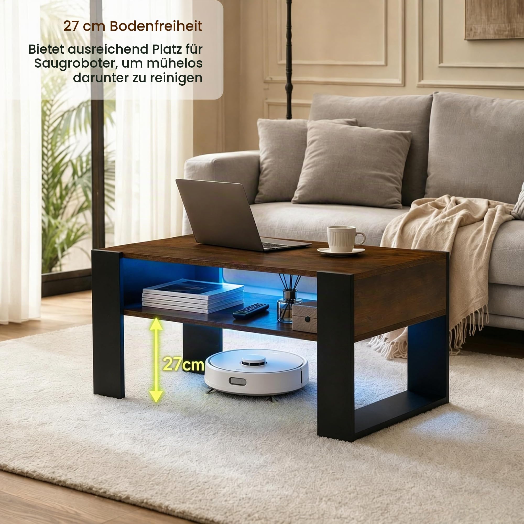 LED Couchtisch mit Stauraum, Wohnzimmertisch mit 2 Ebenen, moderner Sofatisch aus Holz, Beistelltisch fürs Wohnzimmer im Industrie-Design, 92x47x45 cm, Vintage Braun-Schwarz