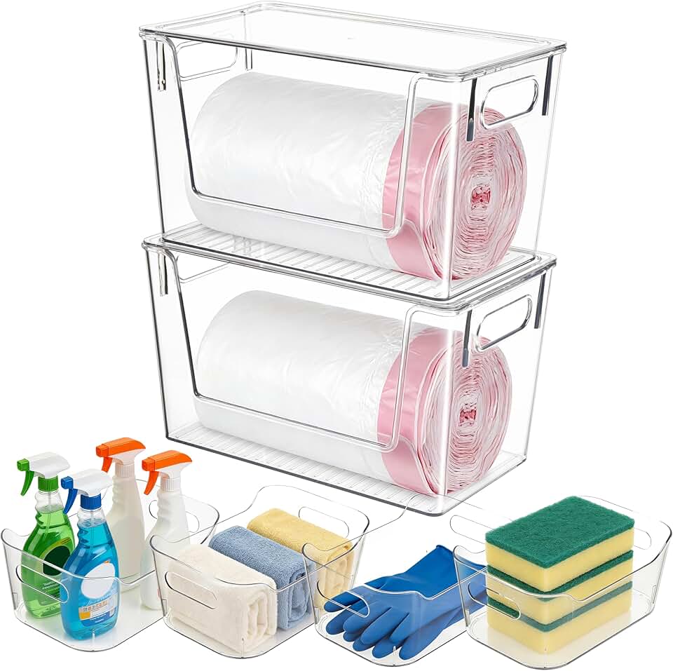 Tiawudi Set of 6 Clear Plastic Storage Bins, 2 Large Stackable Oraganizer with Open Front & Lid, 4 Small Storage Container for Pan