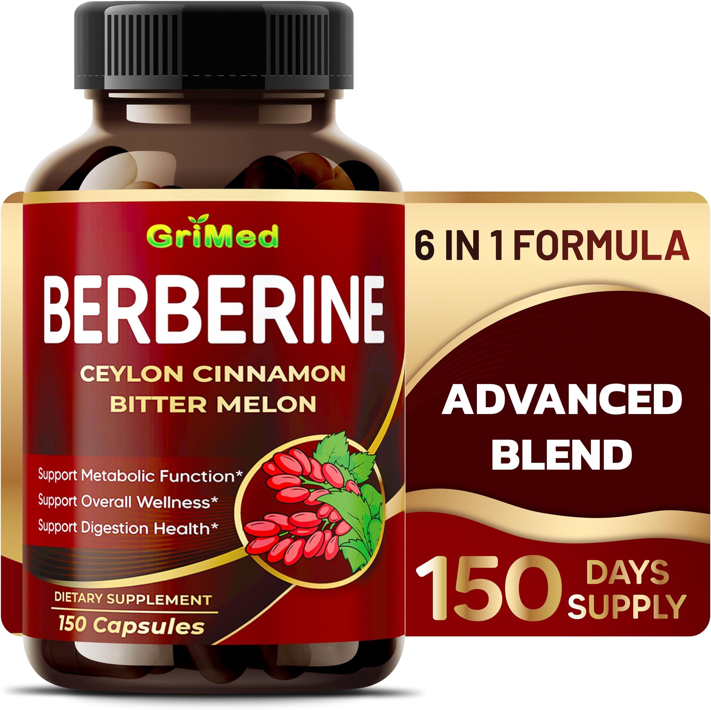 GriMed Berberine Supplement 9,500mg with Ceylon Cinnamon Bitter Melon Supports Healthy Immune System