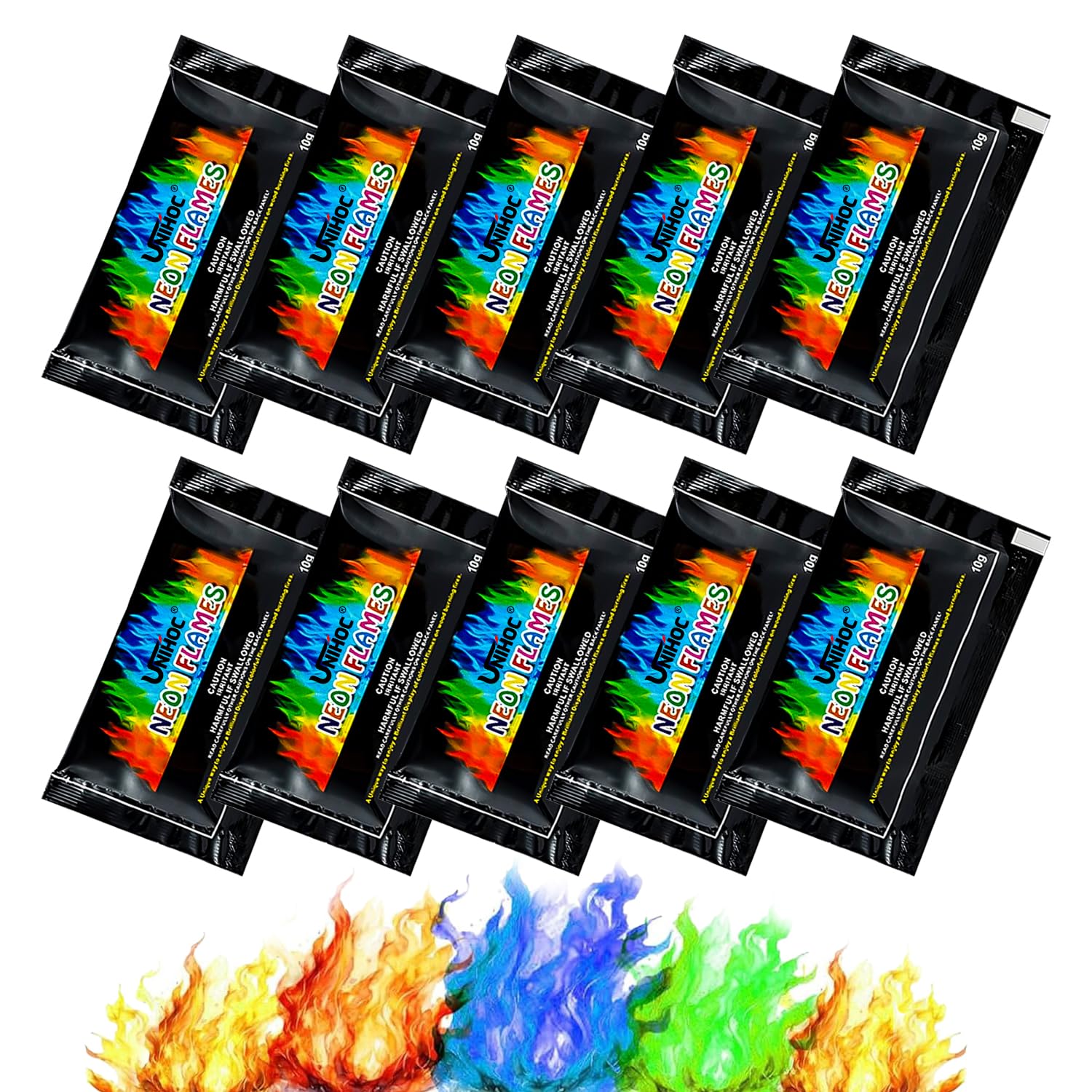 Kolorowy proszek do ognia, magiczny neonowy płomień, magiczny płomień, 10 x 10 g Magic Fire Powder, kolorowy ogień, na Boże Narodzenie magiczny proszek, kolorowy płomień do kominka w proszku do