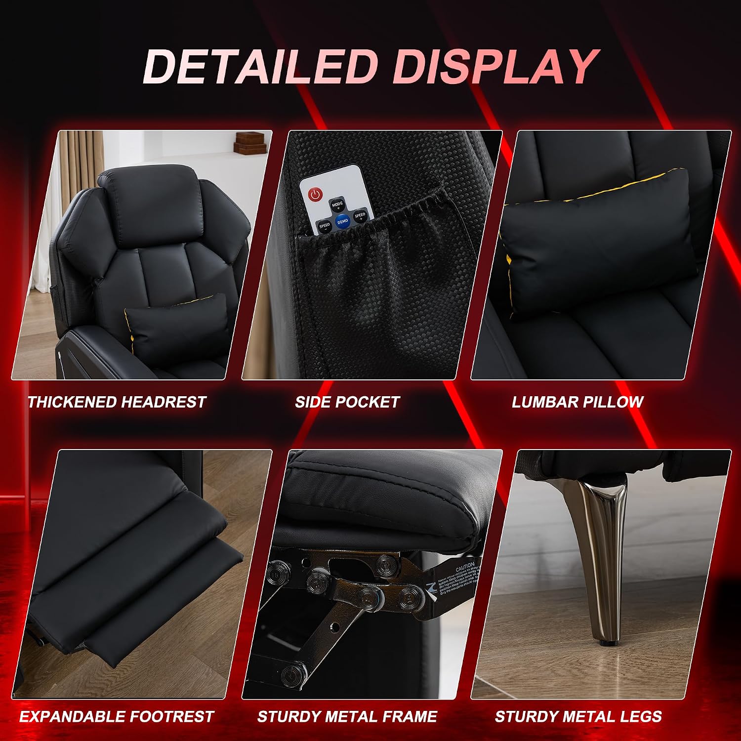URRED Gaming Recliner Chair with LED Lights, Ergonomic Video Game Reclining Chair with Footrest, Lumbar Pillow, Side Pocket, Home Theater Recliner for Living Room, Bedroom, Gaming Room (Black)