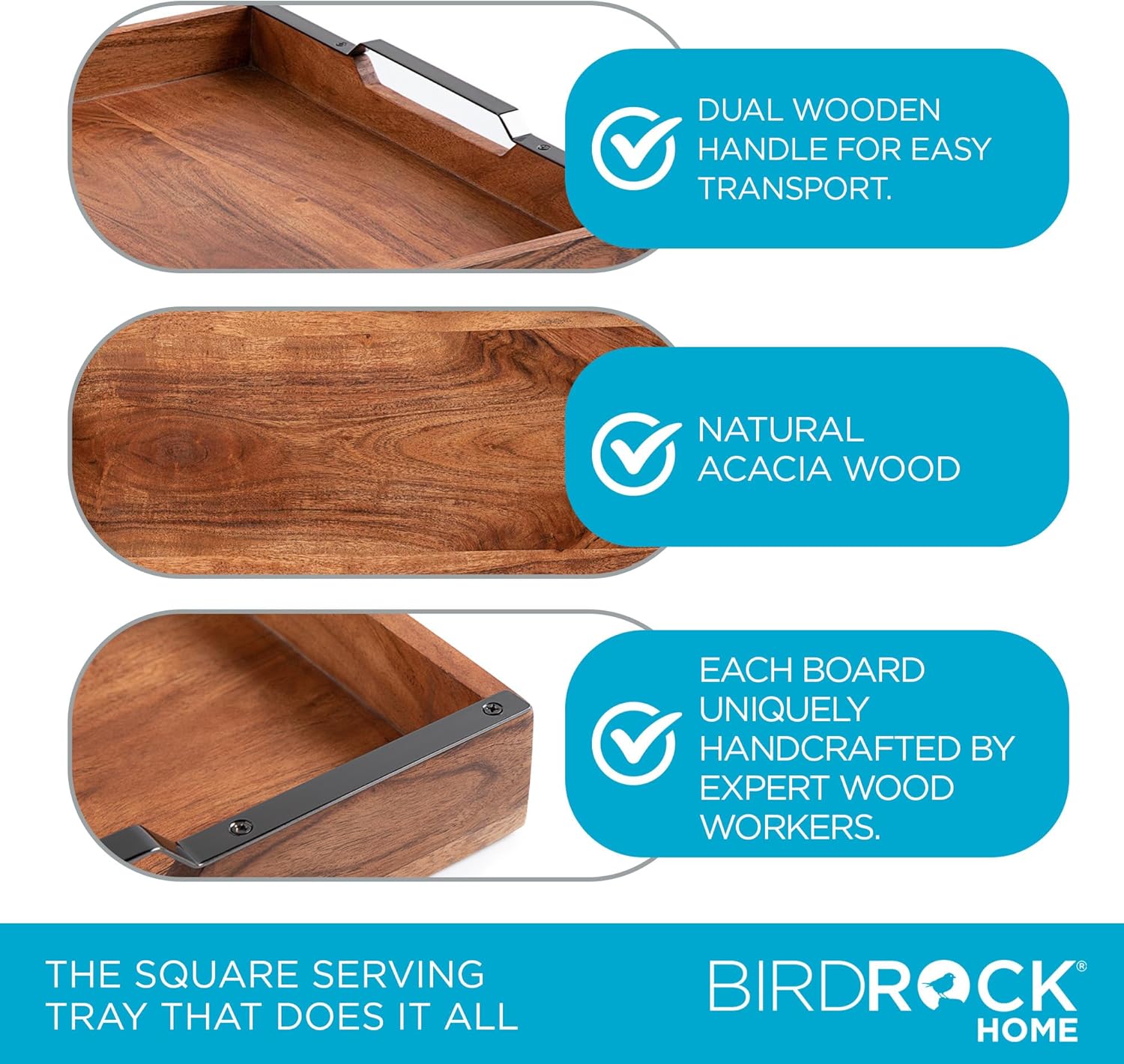 BIRDROCK HOME Wooden Serving Tray with Handles - Farmhouse Decor - Square Top Breakfast Trays - Tea Cheese Board - Coffee Table - Natural Acacia Wood - Kitchen - Bar