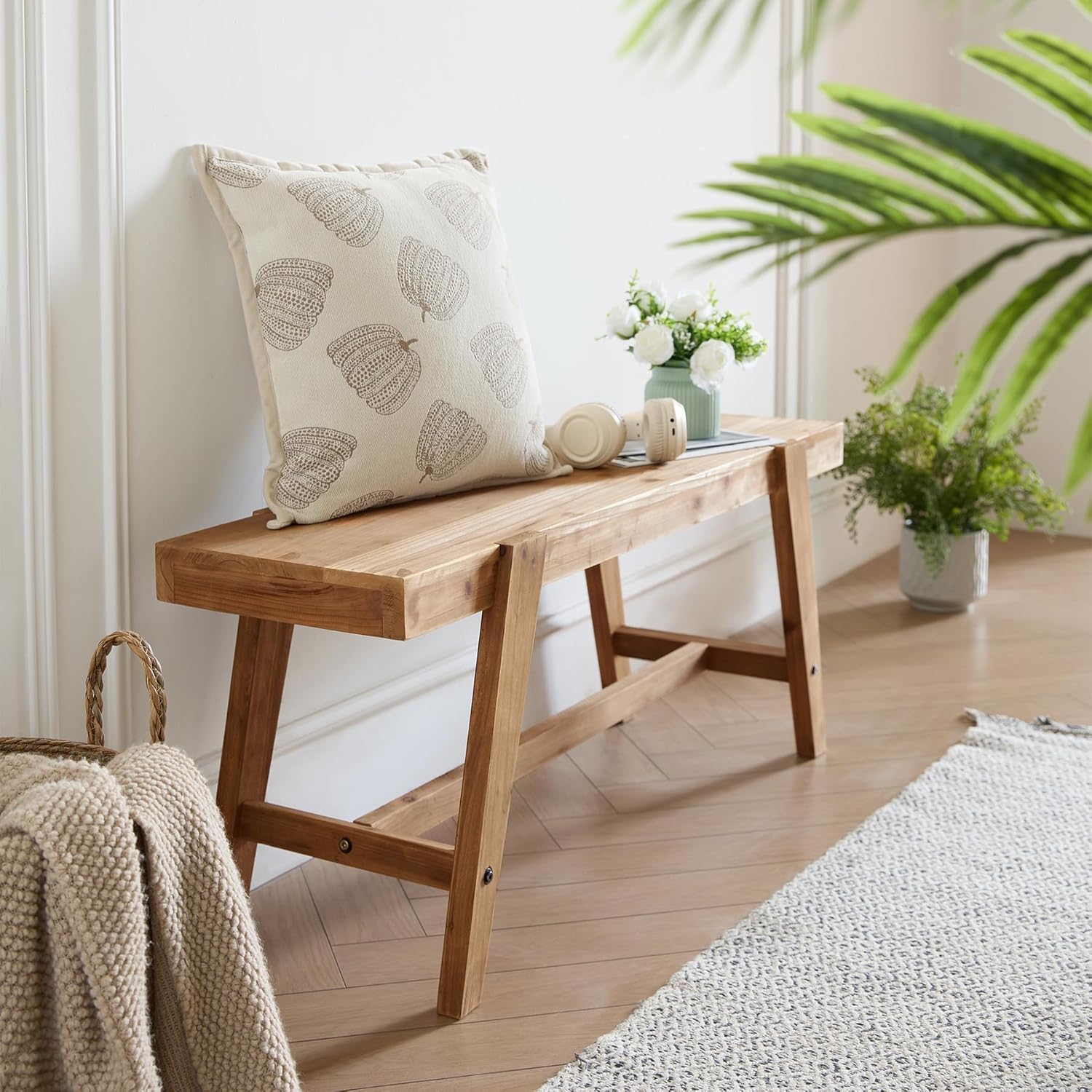 Farmhouse Solid Wood Entryway Bench – 43.4 Inches Rustic Long Bench, Dining Bench with Angled Legs, Hand-Finished Natural Grain, for Foyer, Hallway, Bedroom