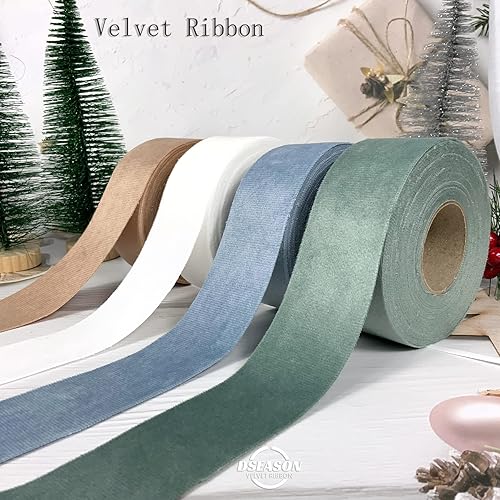Miniatura 9 de Juego de cintas de terciopelo de 38 pulgadas x 10 yardas, 2 rollos de 20 yardas, juego de cintas de terciopelo verde polvoriento hecho a mano para