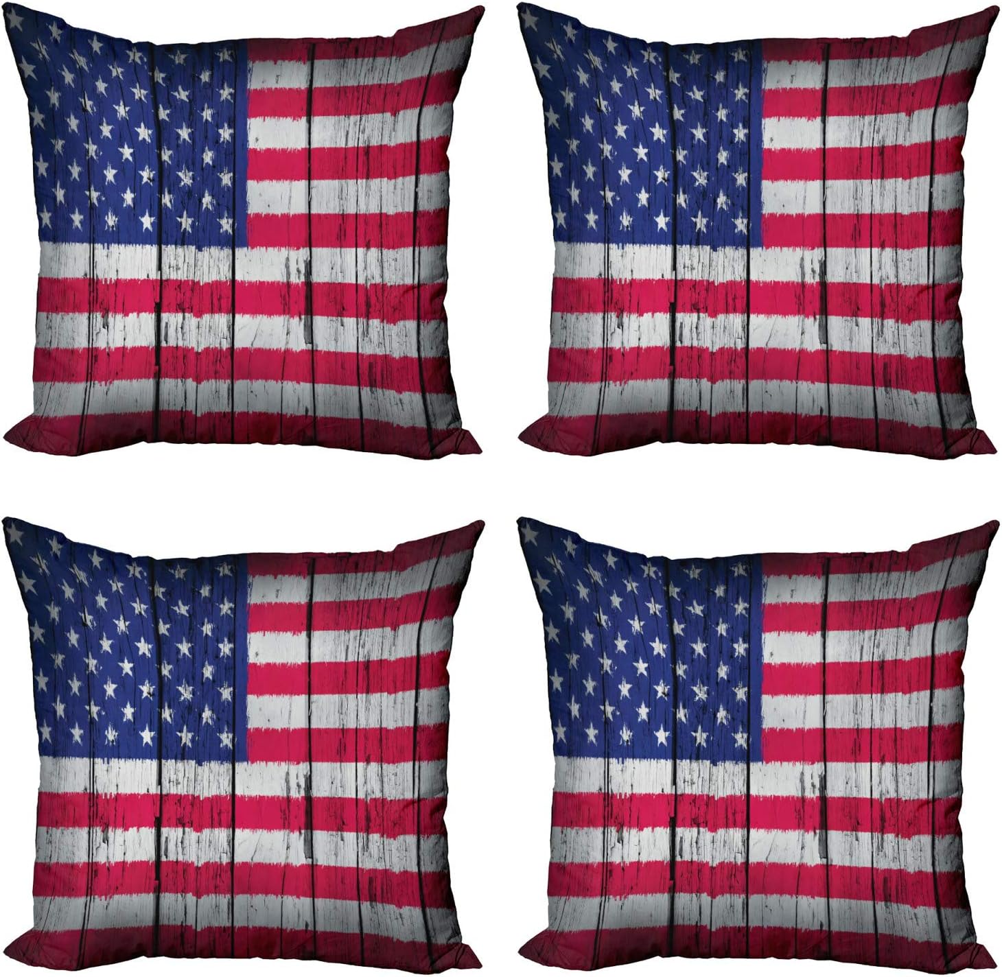 Ambesonne USA Decorative Throw Pillow Case Pack of 4, Fourth of July Independence Day Grunge Art Aged Hardwood Wall Looking Art, Cushion Cover for Couch Living Room Car, 24", Coral White