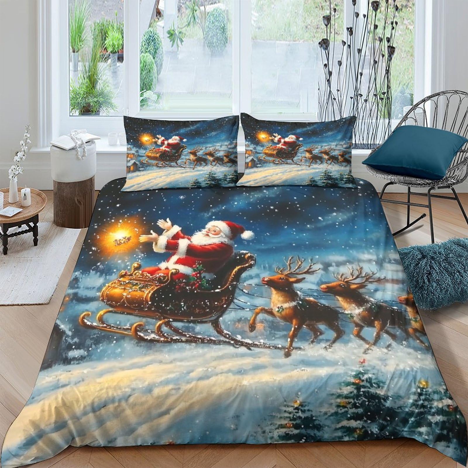Ctjqhvkz Style-1 3D Printed Christmas Night Fitted Sheet Microfiber Soft Santa Sleigh Bed Cover For Bedroom Dorm Easy Care Decor Single（135X200cm）