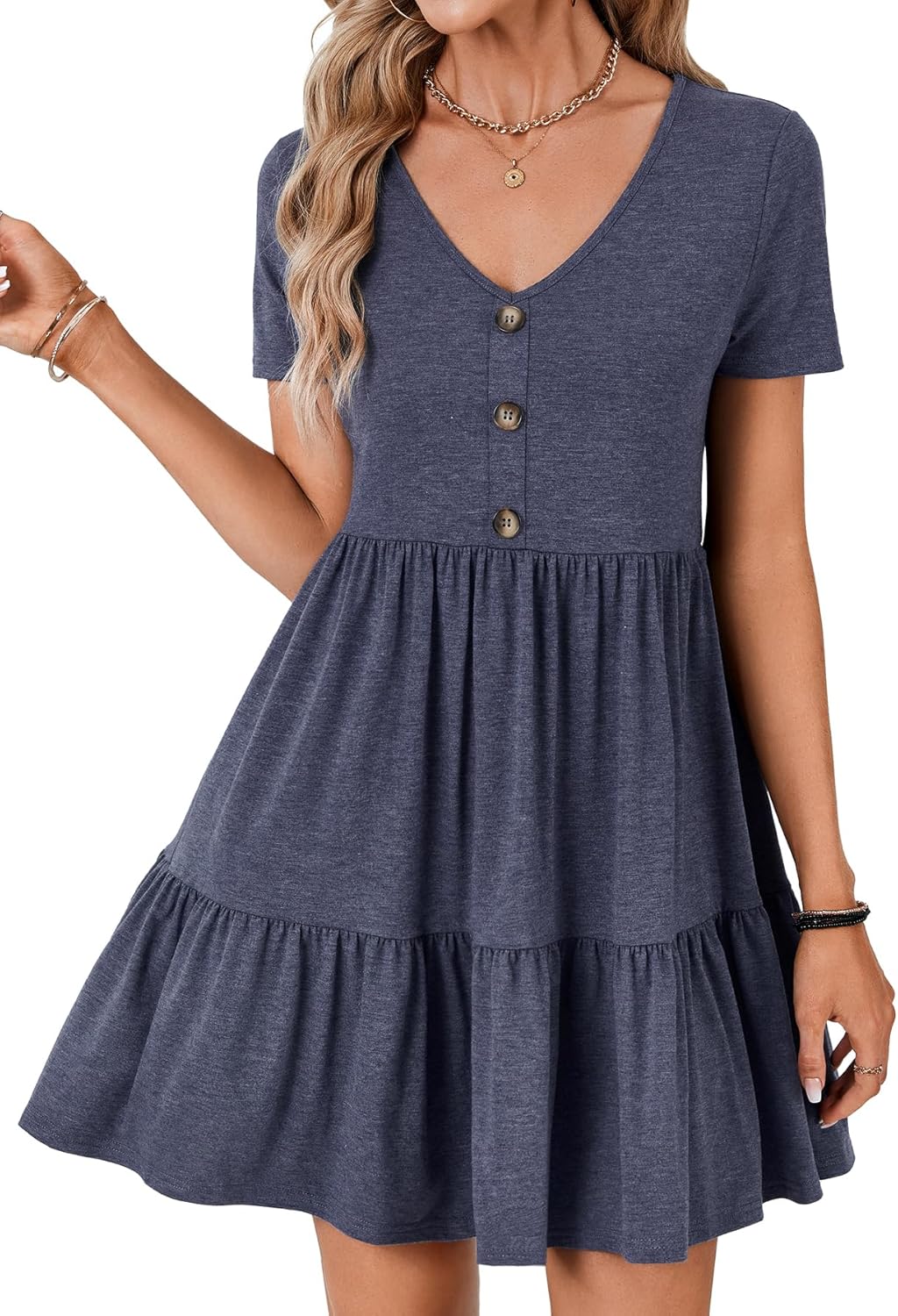 Rooscier Women's V Neck Short Sleeve Ruffle Tiered A Line Swing Casual Mini Dress Sundress - Image 2