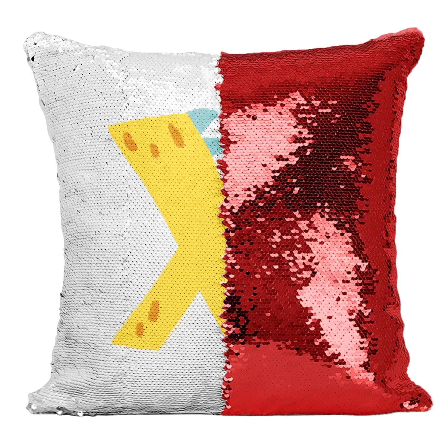 Coussin sequin rouge avec prénom Xavier et motif dinosaure pour enfant