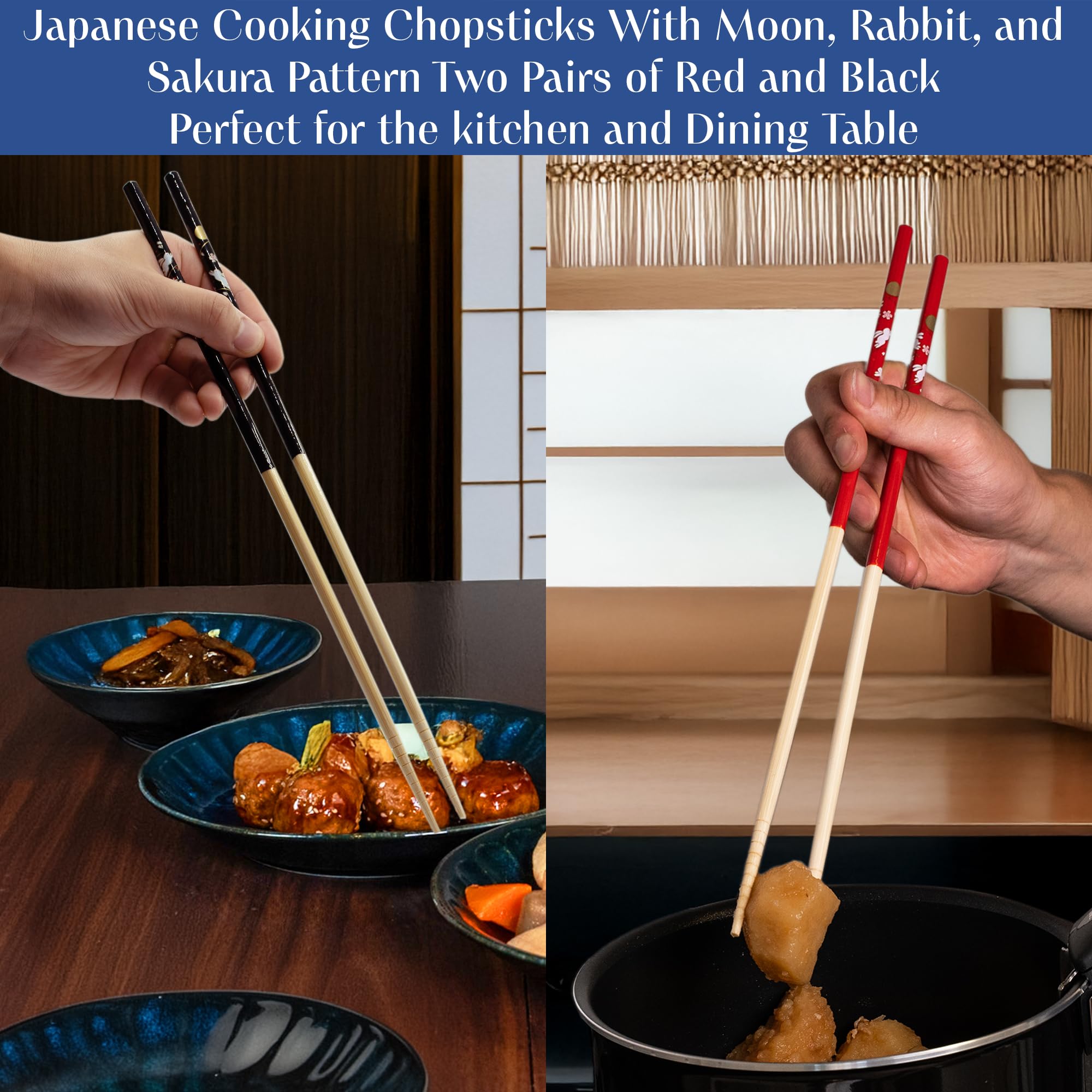 Musuubi Japan Japanese Cooking Chopsticks Long- Set of Two Long Bamboo Cooking Chopsticks with Rabbit, Moon, and Sakura Pattern - Red and Black - Made in Japan