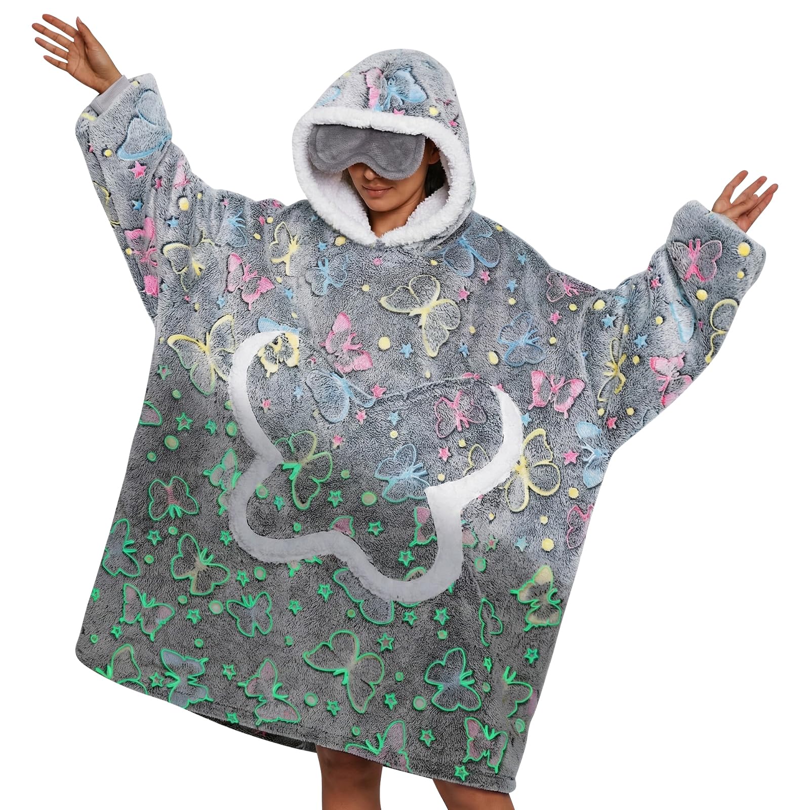 OLAOLA Oversized Blanket Hoodie, Glow in the Dark Wearable Blanket with Pockets, Perfect for Christmas & Birthday Celebrations - Adults, Grey Butterfly
