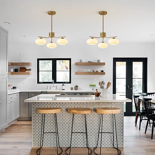 Miniatura 3 de KCO Lighting - Lámpara colgante moderna de mediados de siglo con 3 luces de cristal de leche dorado Sputnik, lámpara de araña de latón cepillado