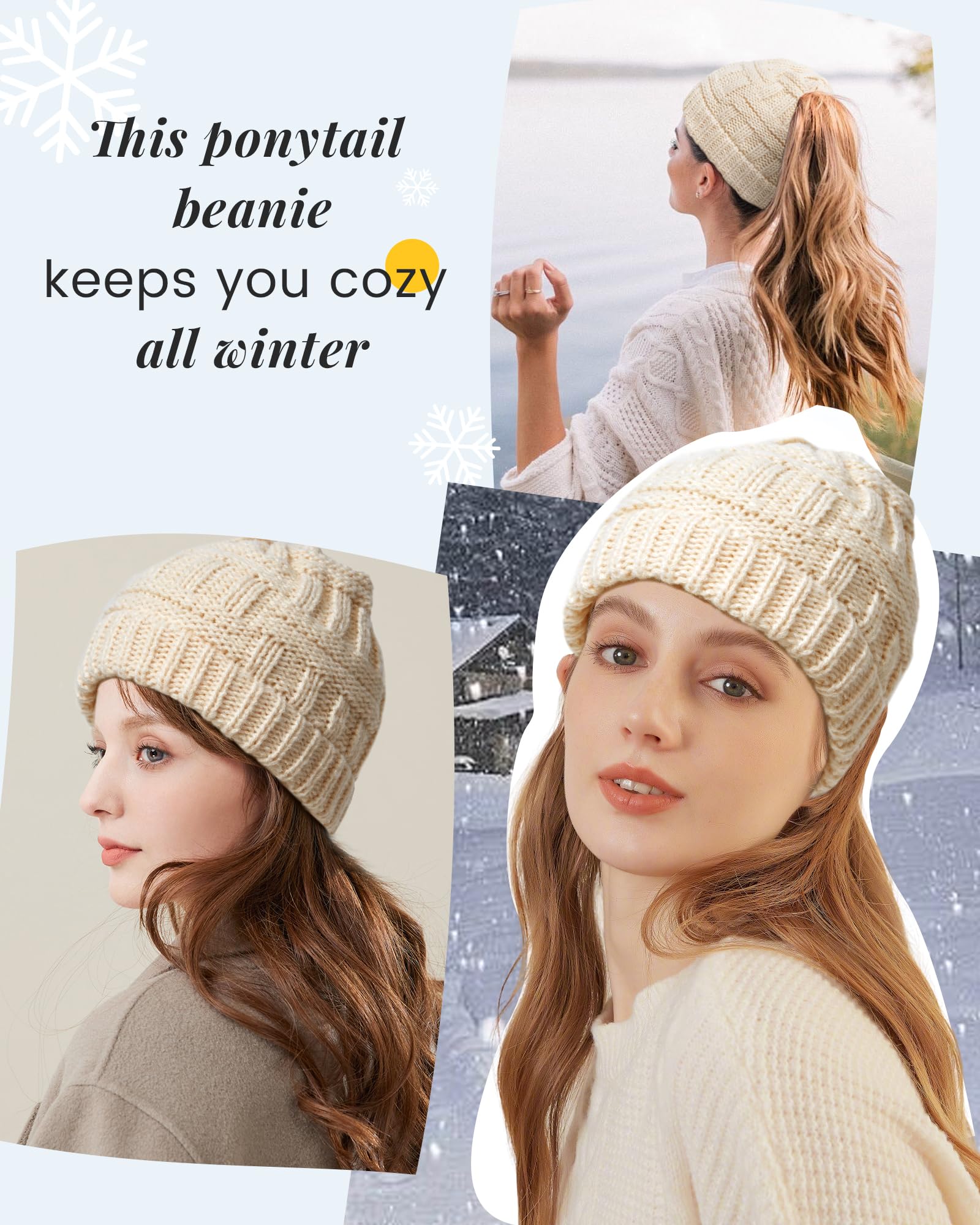 Bonnet Tricoté pour Femmes Bonnet d'hiver avec Trou pour Queue de Cheval Chaud Chapeaux Tricoté d'hiver pour Femmes et Filles