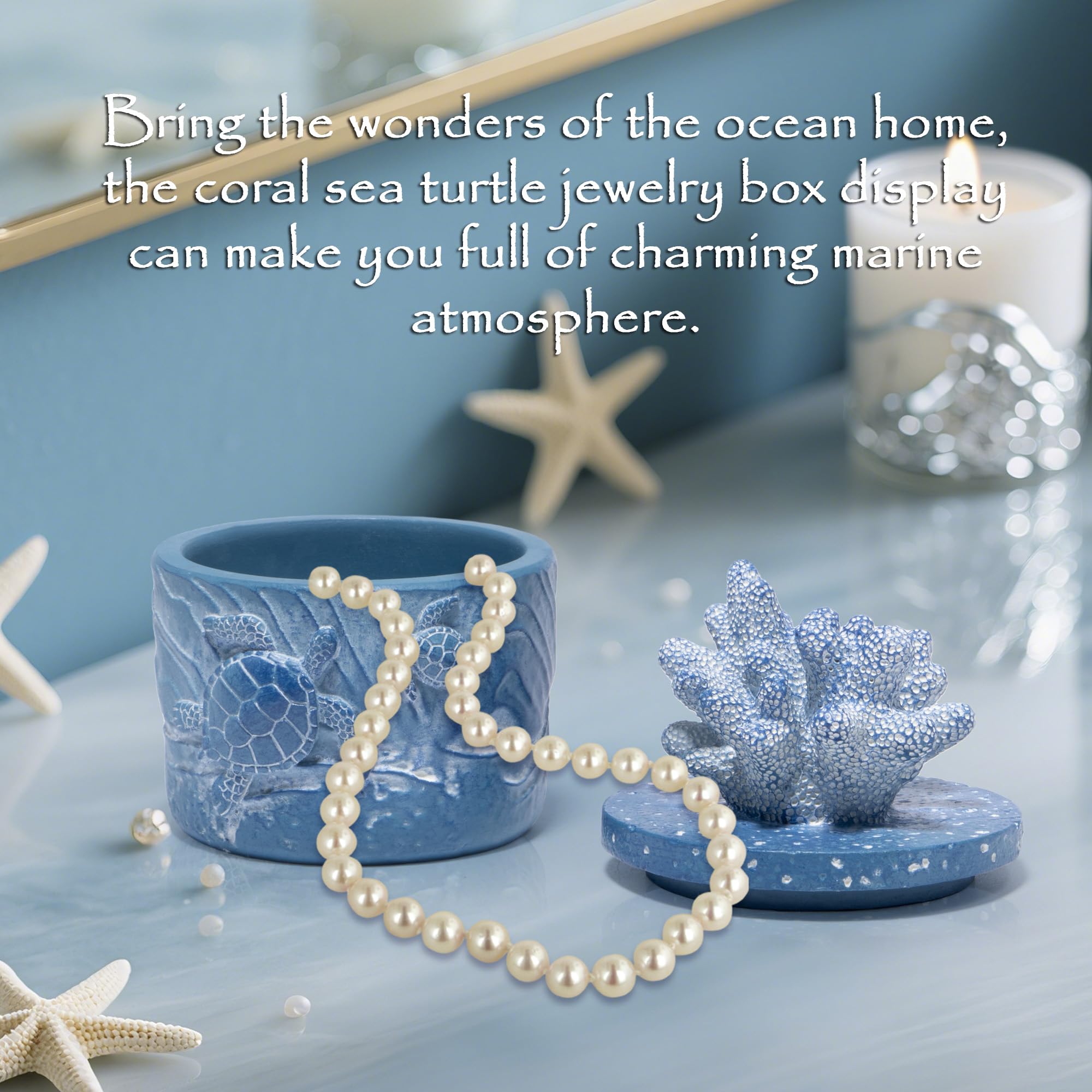 Hodao Ocean Crafts Sea Turtle & Octopus Resin Jewelry Box with Coral Lid - Handmade Organizer for Rings Earrings Necklaces, Blue/White, Ocean-Themed Storage Case Decor Gifts For Women (Blue-Turtle)