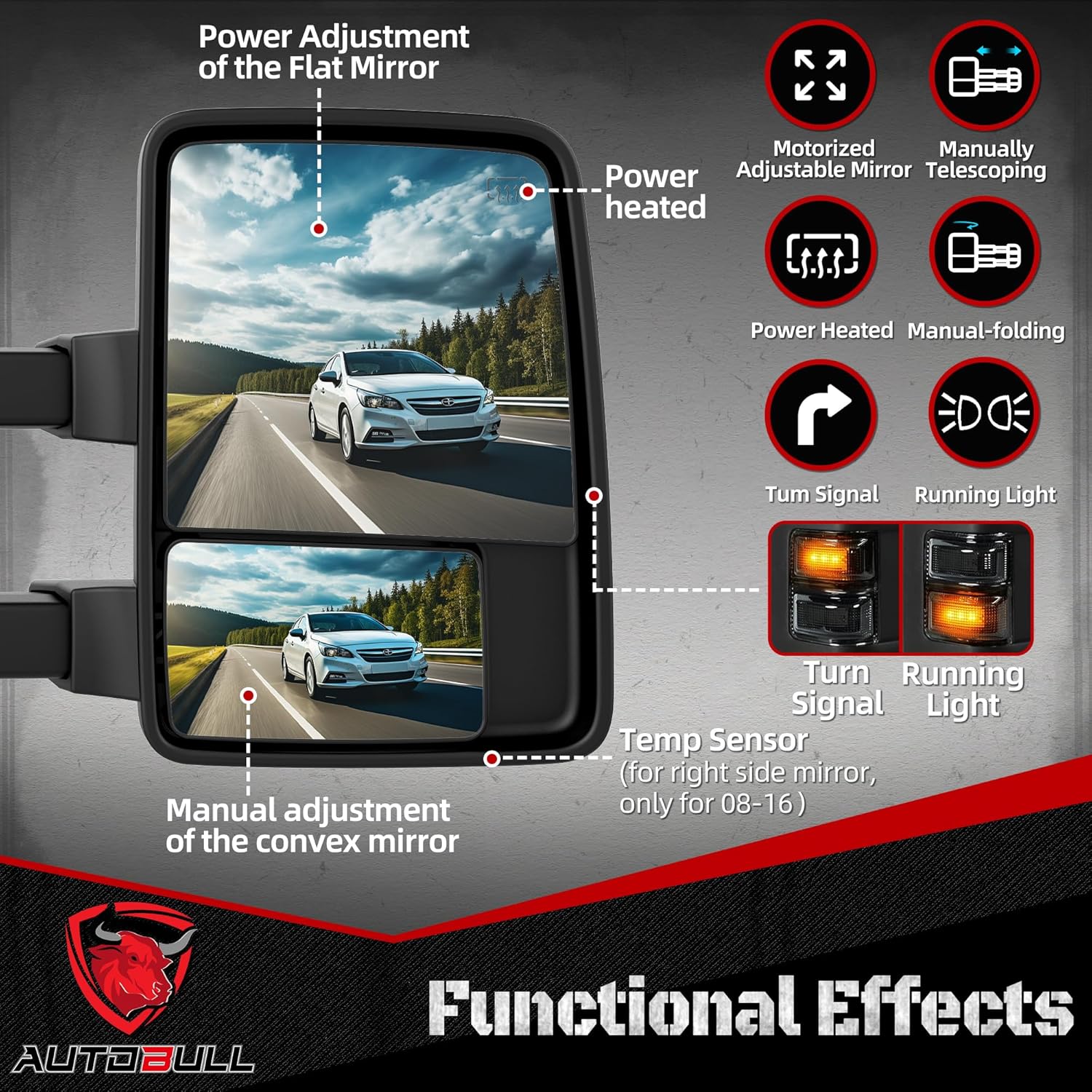 Smoked Power Heated Tow Mirrors Compatible with Ford 1999-2016 F250 F350 F450 F550 Super Duty, 2001-2005 Excursion, Extended Trailer Towing Side Mirrors w/Turn Signal, Running Light