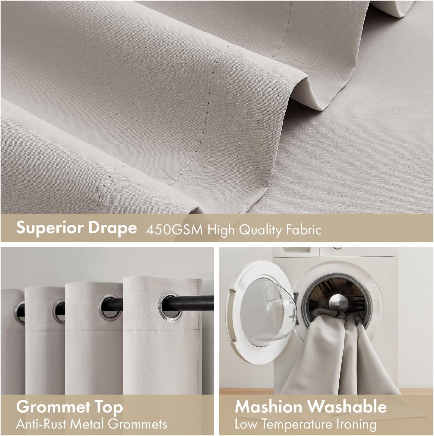 MIULEE 100% Blackout Curtains for Bedroom 90 Inch Long, 2 Thick Layers Thermal Insulated Black Out Window Curtains with Black Liner, Noise Reducing Grommet Living Room Drapes 2 Panels Stone