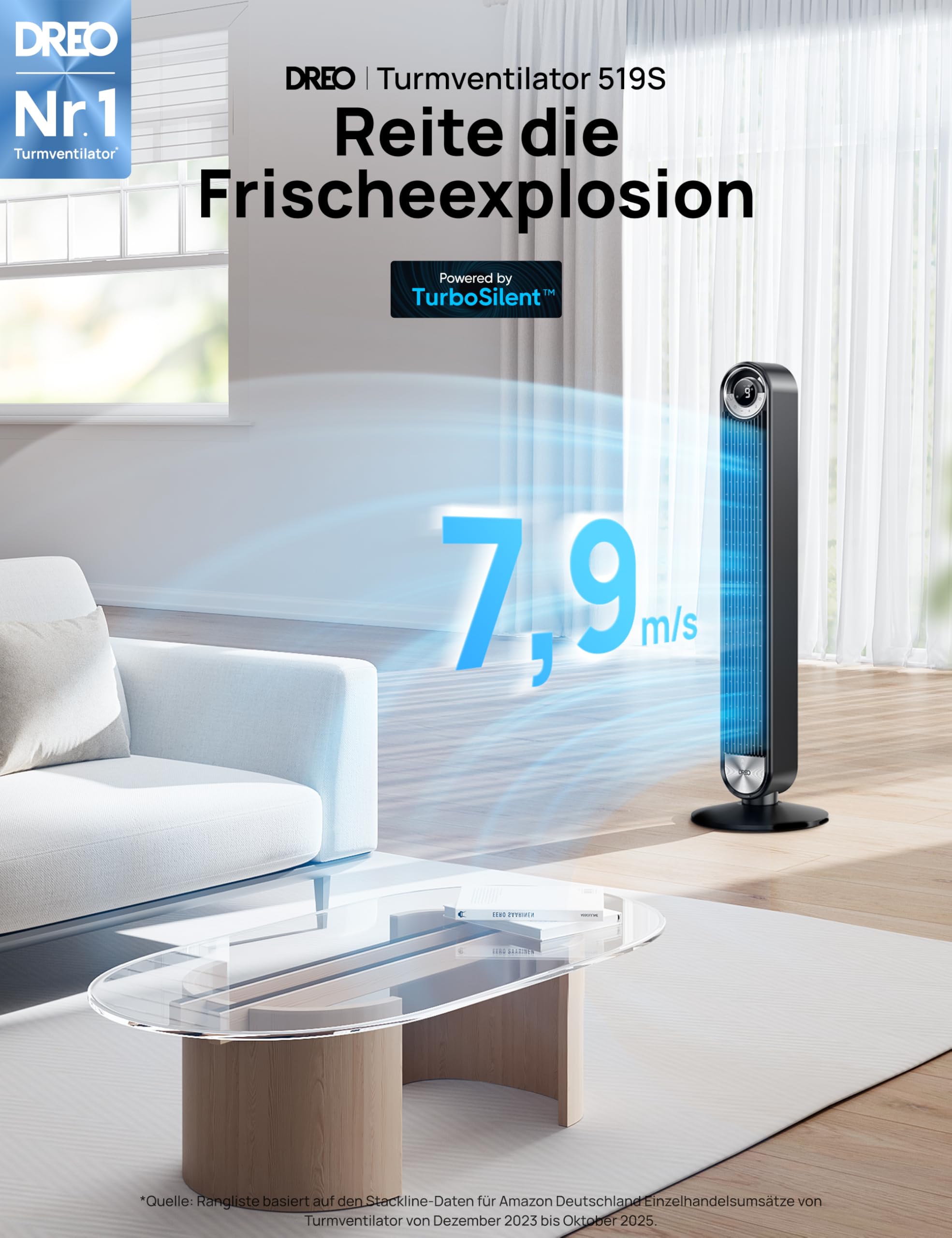 DREO Cruiser Pro T2S Leiser Smart Turmventilator, 106cm, 9-Geschwindigkeit, 12H Timer, 90° Oszillierend, Schwarz