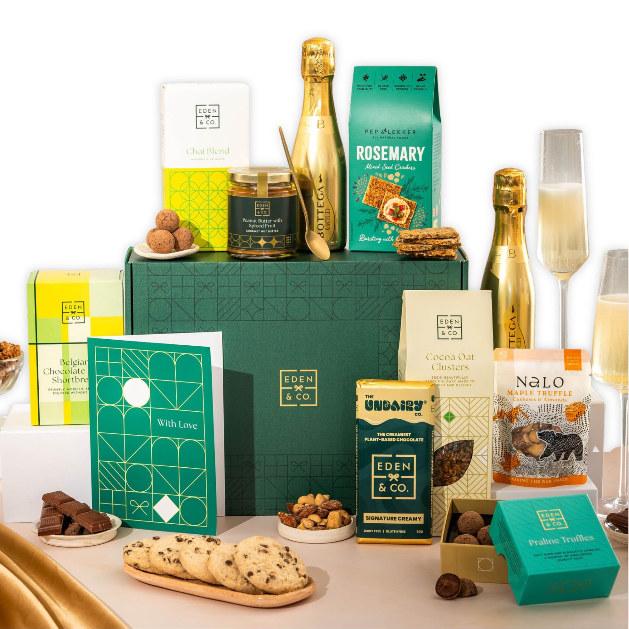 Hug in a Box, with Love Vegan Gift Hamper Basket, Luxury Gourmet Gifts for Women, Men, Couples, with Vegan Chocolate by EDEN & CO - Plus 1 Prosecco