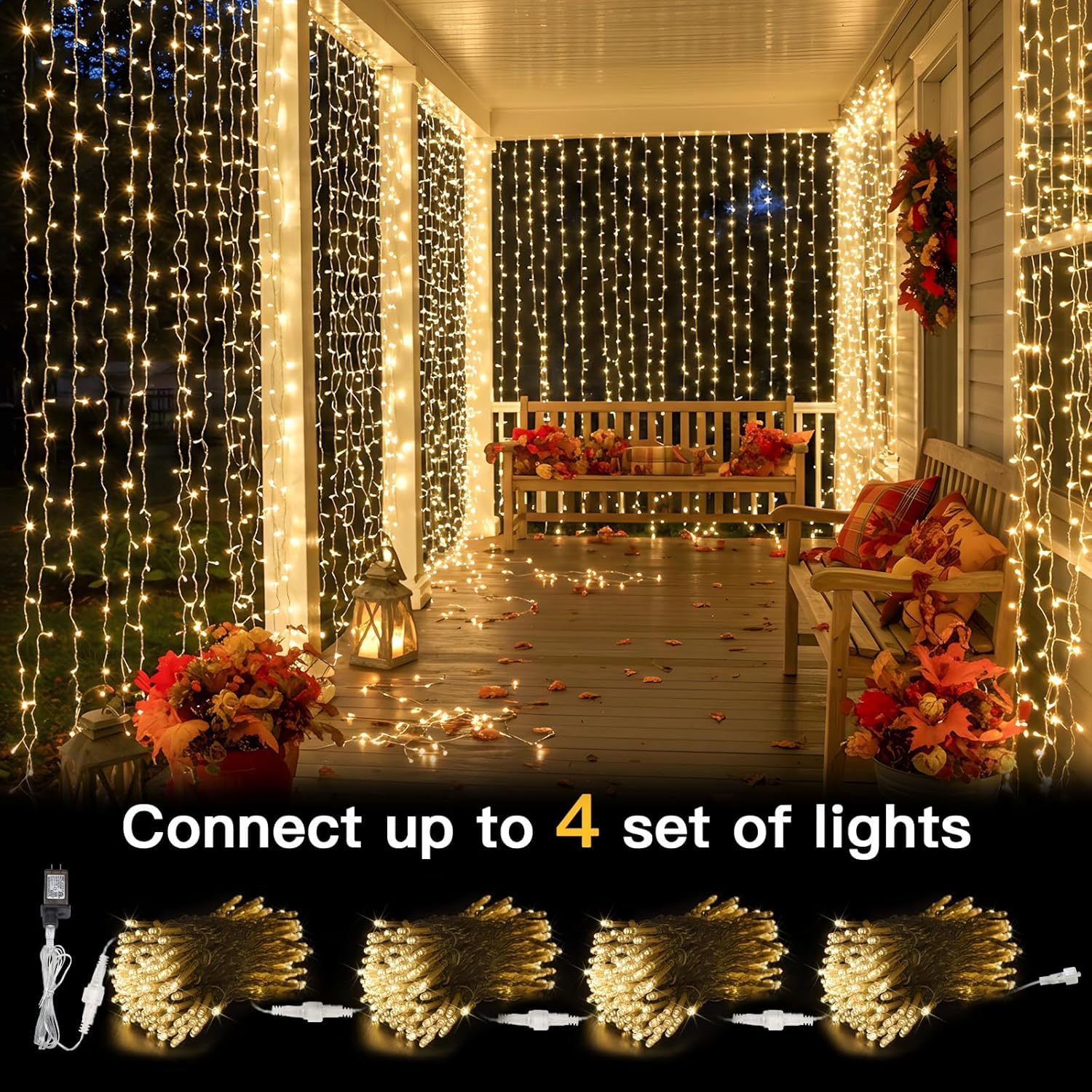 Joycome Kurtyna świetlna, 6 m x 3 m, 600 diod LED, 8 trybów świecenia, oświetlenie bożonarodzeniowe, zasilanie prądem, wodoszczelna, na ścianę, do pokoju, na balkon, do użytku na zewnątrz, dekoracja