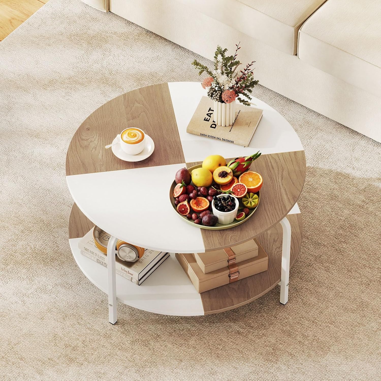 Giantex Round Coffee Table, 2-Tier Center Table with Open Storage Shelf, Cocktail Accent Table with Heavy Duty Metal, Modern Living Room Tables for Small Spaces (White & Natural)