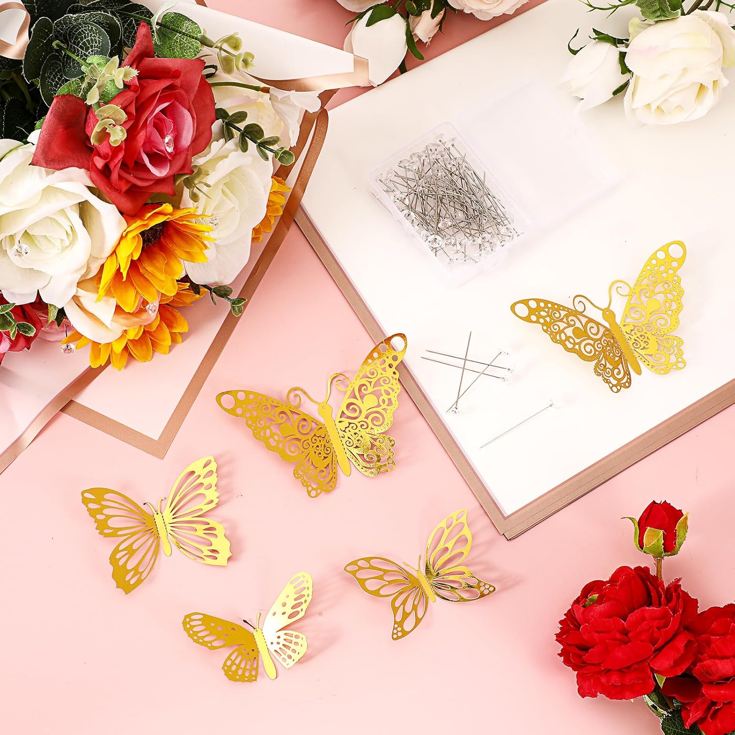 Seajan 60 Sheets Waterproof Flower Wrapping Paper Valentine Bouquet Wrapping Paper with 3 Ribbon 100 Diamond Pins 36 3D Gold Butterflies for Wedding Party Floral DIY Crafts(Black, White)