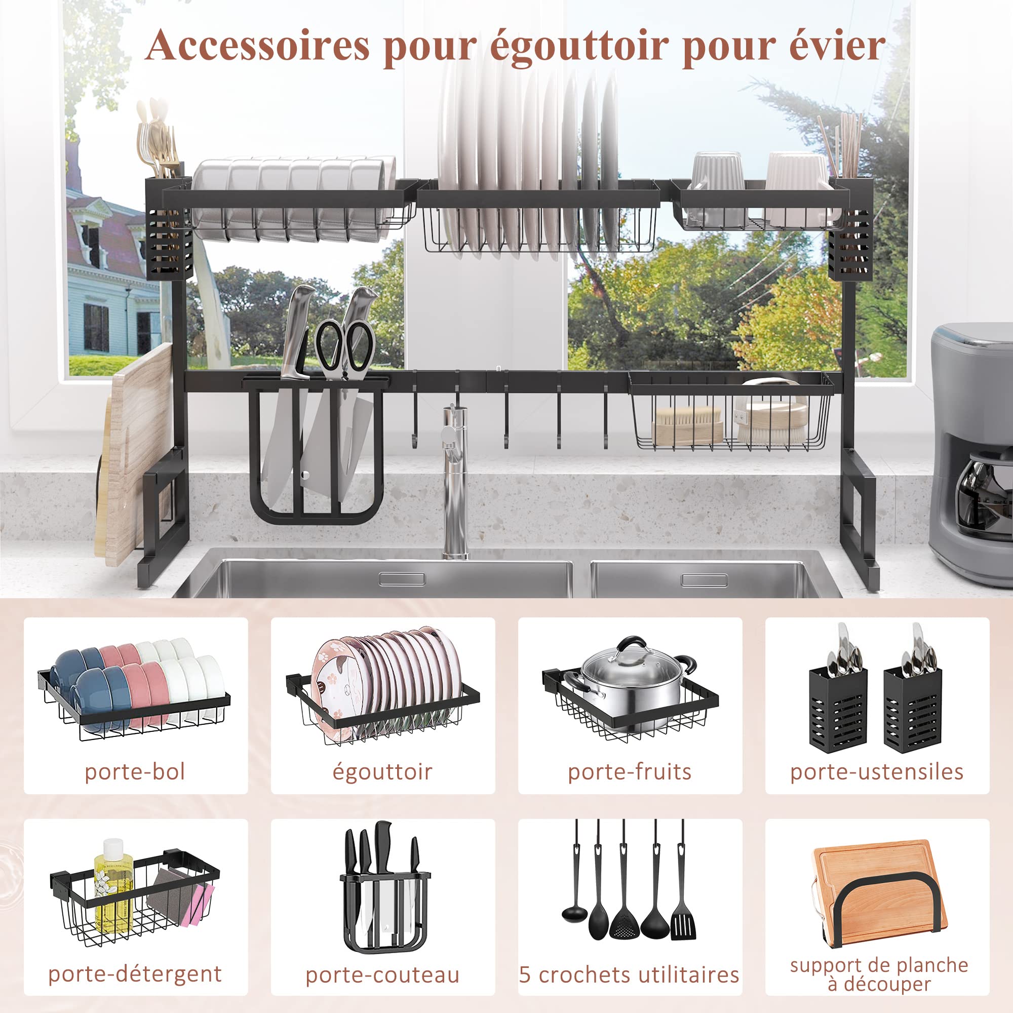 HOMCOM Égouttoir à vaiselle Vaisselle Au-Dessus Évier 93x30x52,5 cm Noir | séchoir à vaiselle 2 Niveaux, Porte-Couteau, Support Planche à Découper, Rangement Organisateur Cuisine, Acier