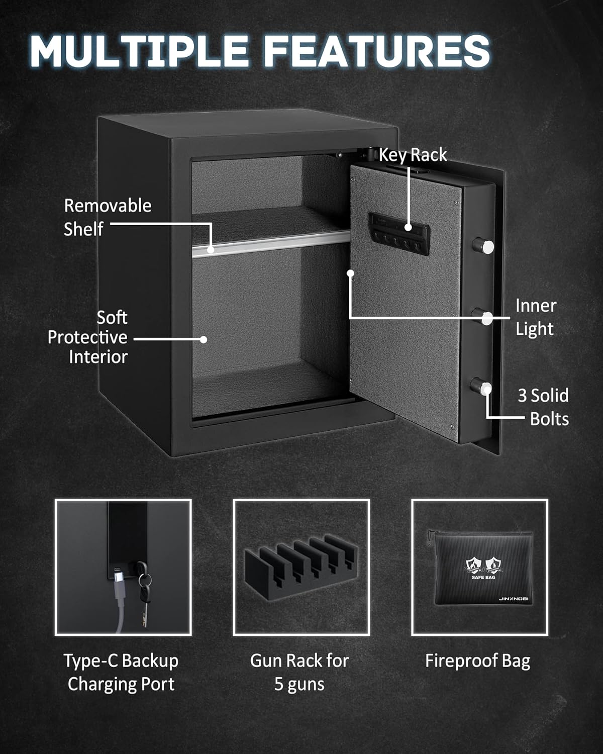 JINXNOBI Biometric Gun Safe Box,with fireproof waterproof safe bag,smart fingerprint access for home,office,hotel use, 2.19 cu.ft to secure documents,cash,handguns,pistols