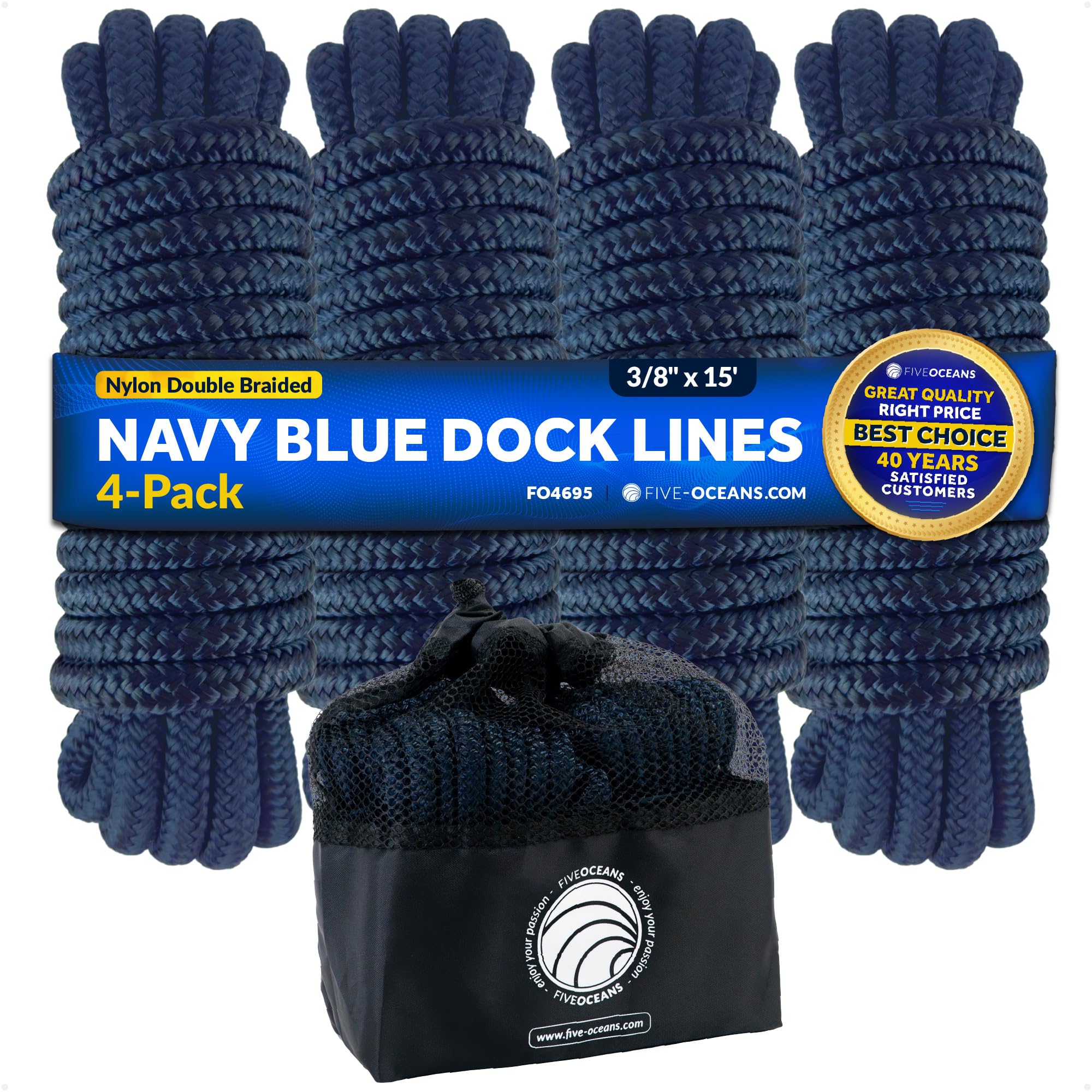 Five Oceans 4-Pack 3/8" x 15' Boat Dock Lines, Navy Blue Double Braided Nylon, Marine-Grade, 12" Eyelet, 1-Year Warranty - FO4695