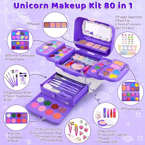 Miniatura 2 de Juego de maquillaje 80 en 1 para niños, juegos de maquillaje lavables para niñas, juguetes de simulación para disfrazarse con estuche de juguetes,