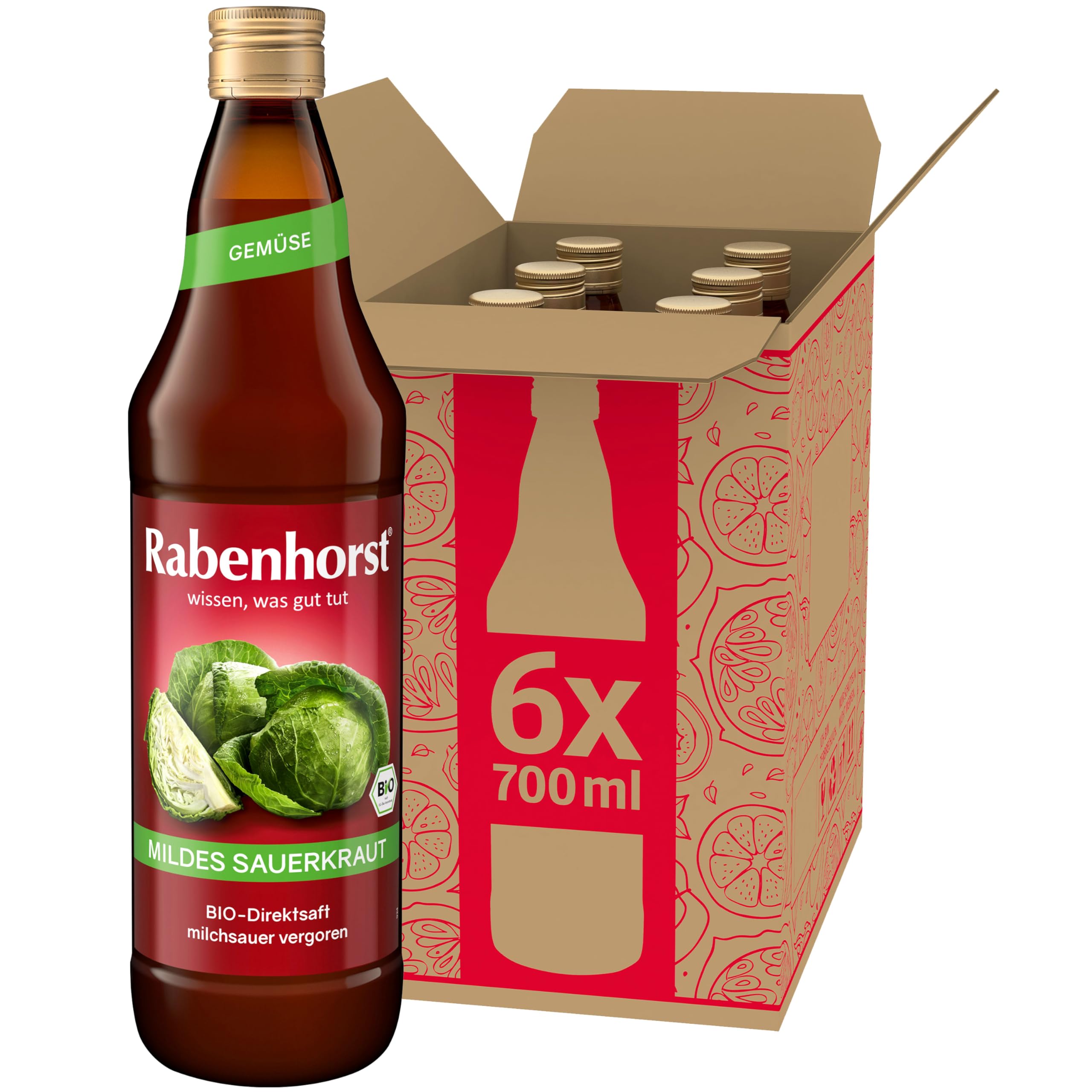 RABENHORST Mildes Sauerkraut BIO 6er Pack (6 x 700 ml) - Milchsauer vergorener Sauerkraut - Direktsaft | Milchsauer vergorener Sauerkraut-Direktsaft