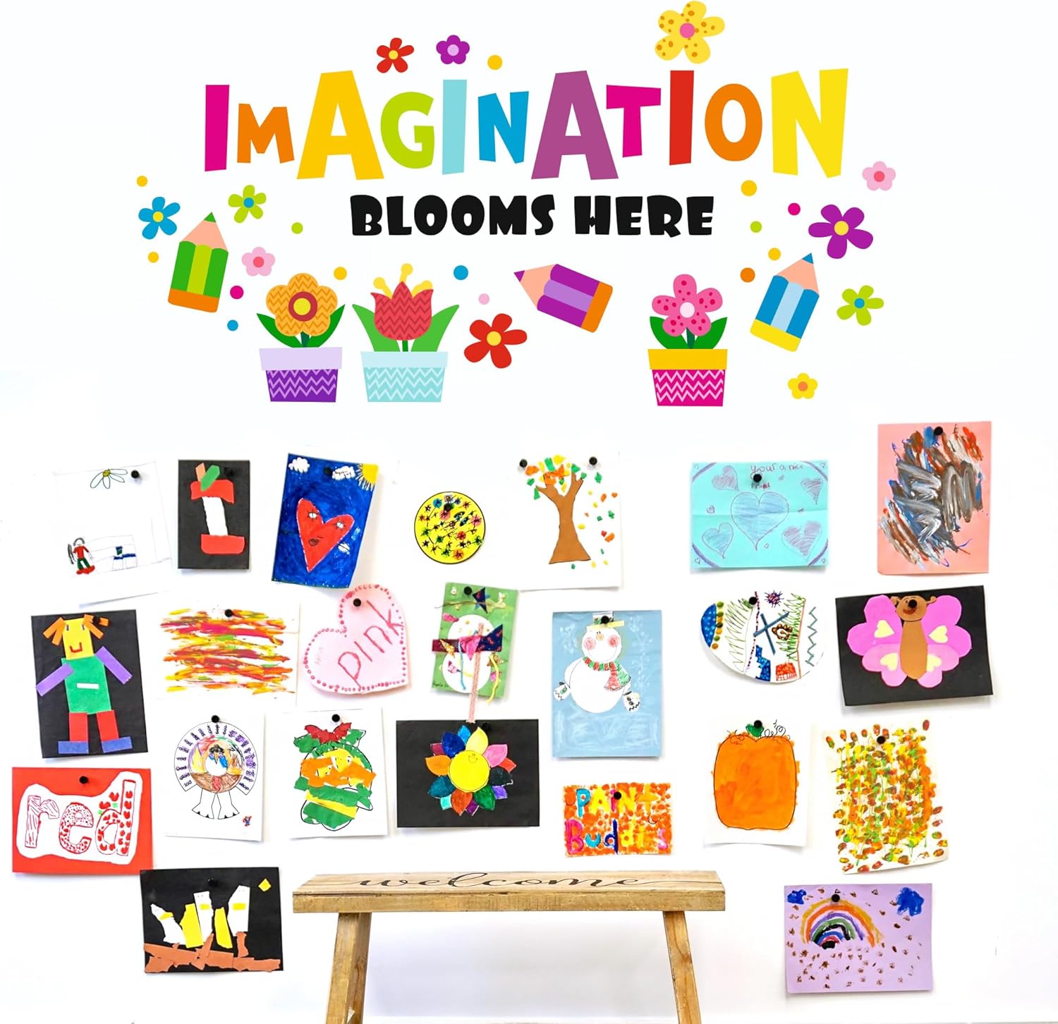 Inspirational Wall Decals for Kids - Educational Quotes Wall Stickers for Toddler Boys Girls - Classroom Peel and Stick Stickers [Imagination Blooms Here Phrase Wall Decals] + Test Sample Included!