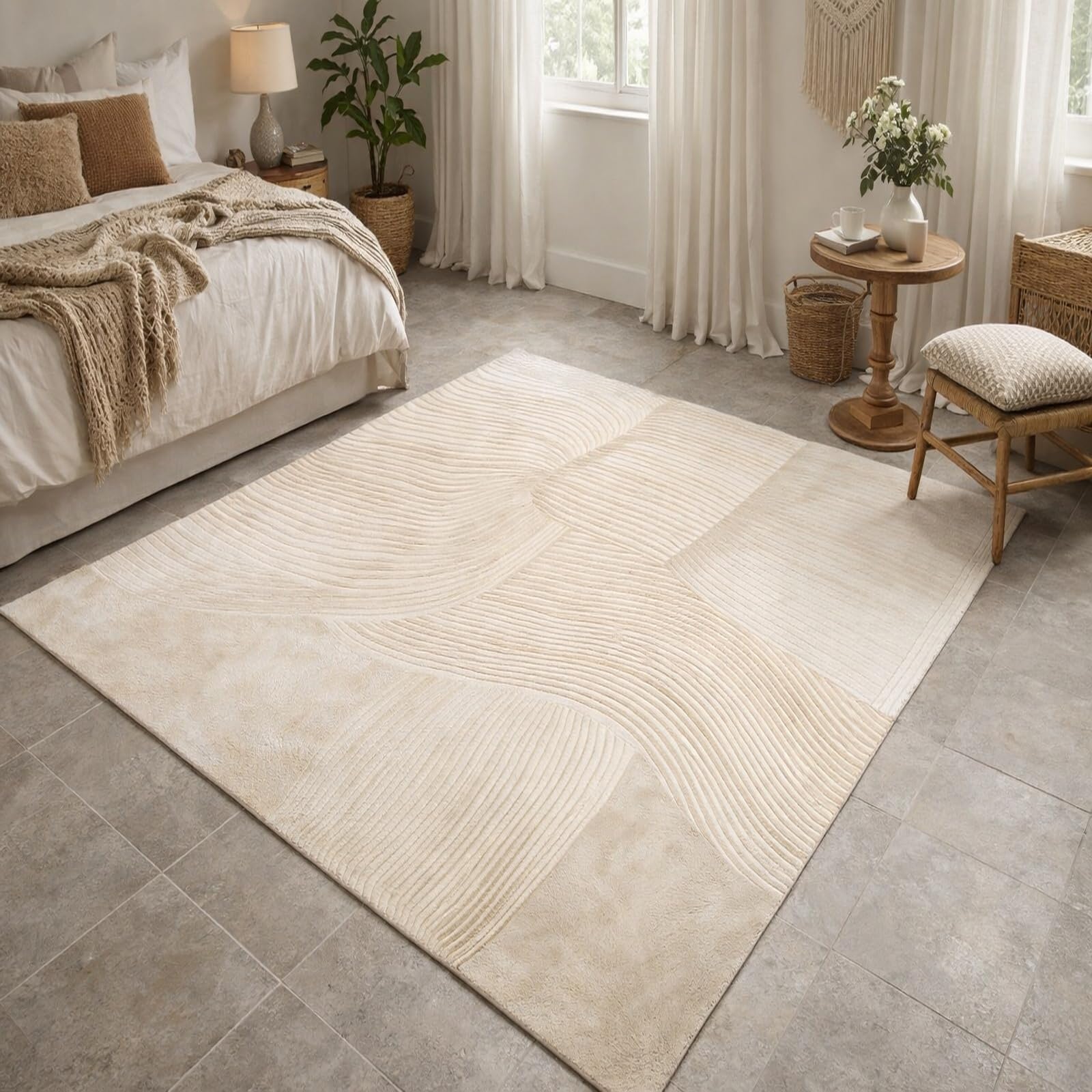 Tapis beige abstrait moderne rectangulaire 160x230 cm au design graphique