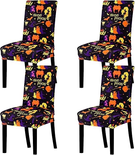 Miniatura 1 de Whaline 4 fundas para sillas de Halloween con temática de bruja Hocus Pocus, fundas protectoras extraíbles y elásticas para sillas de comedor,
