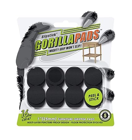 GorillaPads CB147 Non Slip Furniture Pads/Gripper Feet (Set of 16) Self Adhesive Rubber Floor Protectors, 1 inch Round, Black