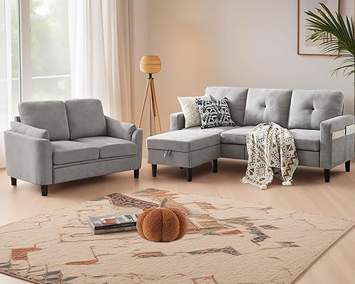 Miniatura 13 de Juego de sofá seccional de 2 piezas, juego de sofá y silla de 3 asientos con bolsillos laterales y otomana de almacenamiento móvil, moderno juego de