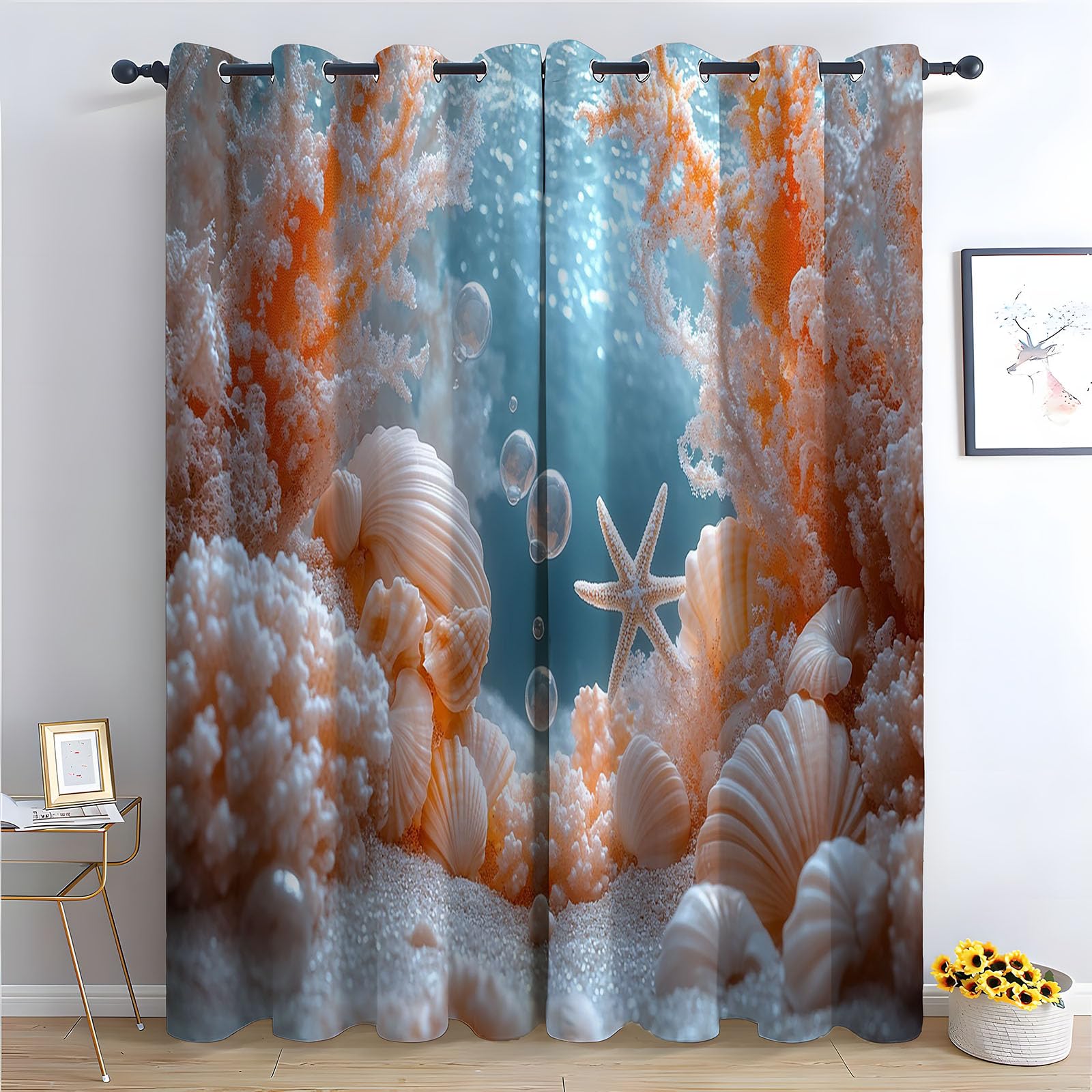 TERUEA Curtains for Bedroom Living Room Contemporary Artistic Landscape Window Treatments, Peach coral seashell bubble turquoise ocean Mountain Curtains-52 W x 96" L (Pack of 2)