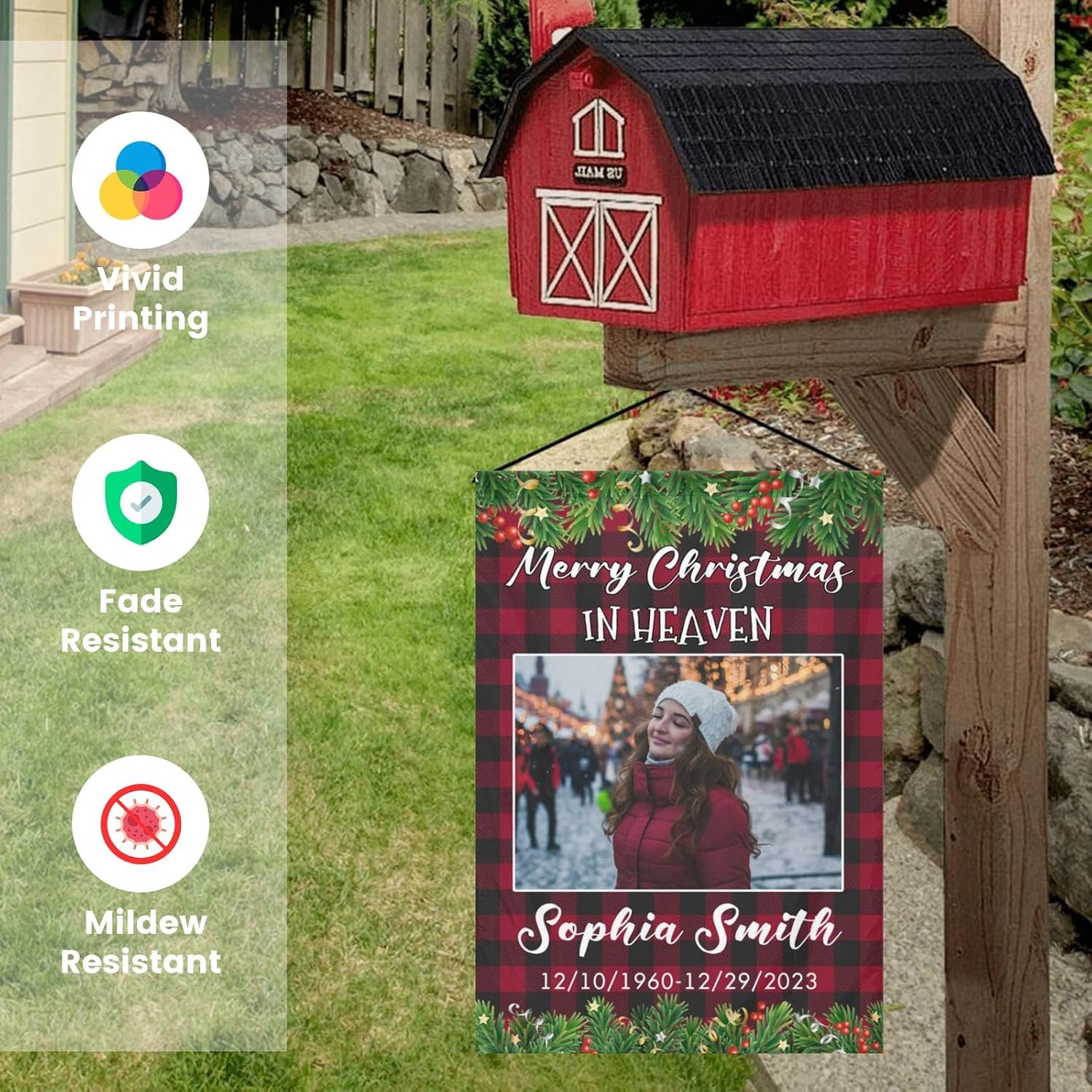 Personalized Merry Christmas in Heaven Garden Flags with Picture, Custom Christmas House Flags for Holiday Double-Sided Yard Decoration